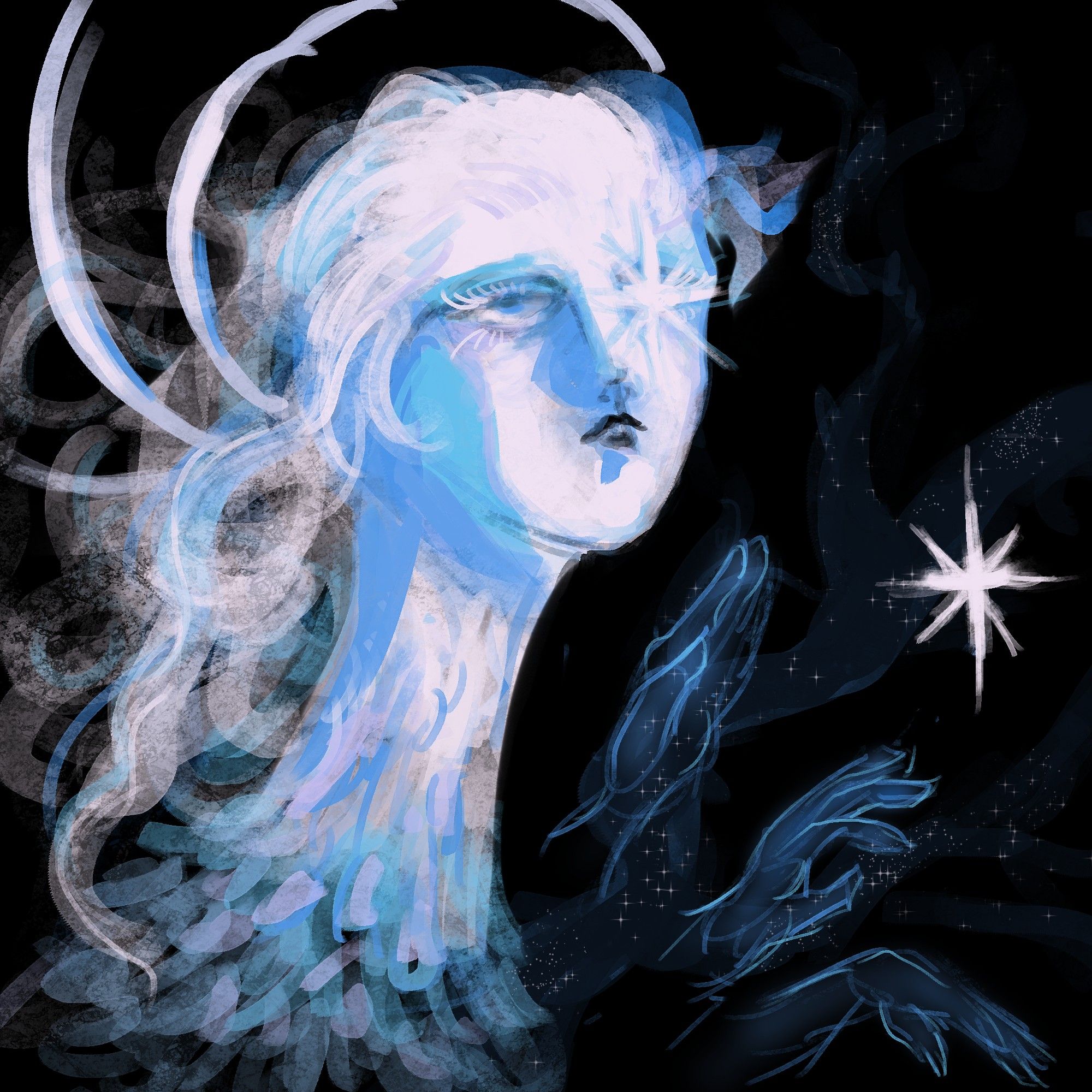 Digital painting of a pale figure against a black background, with three celestial hands and a star in one eye