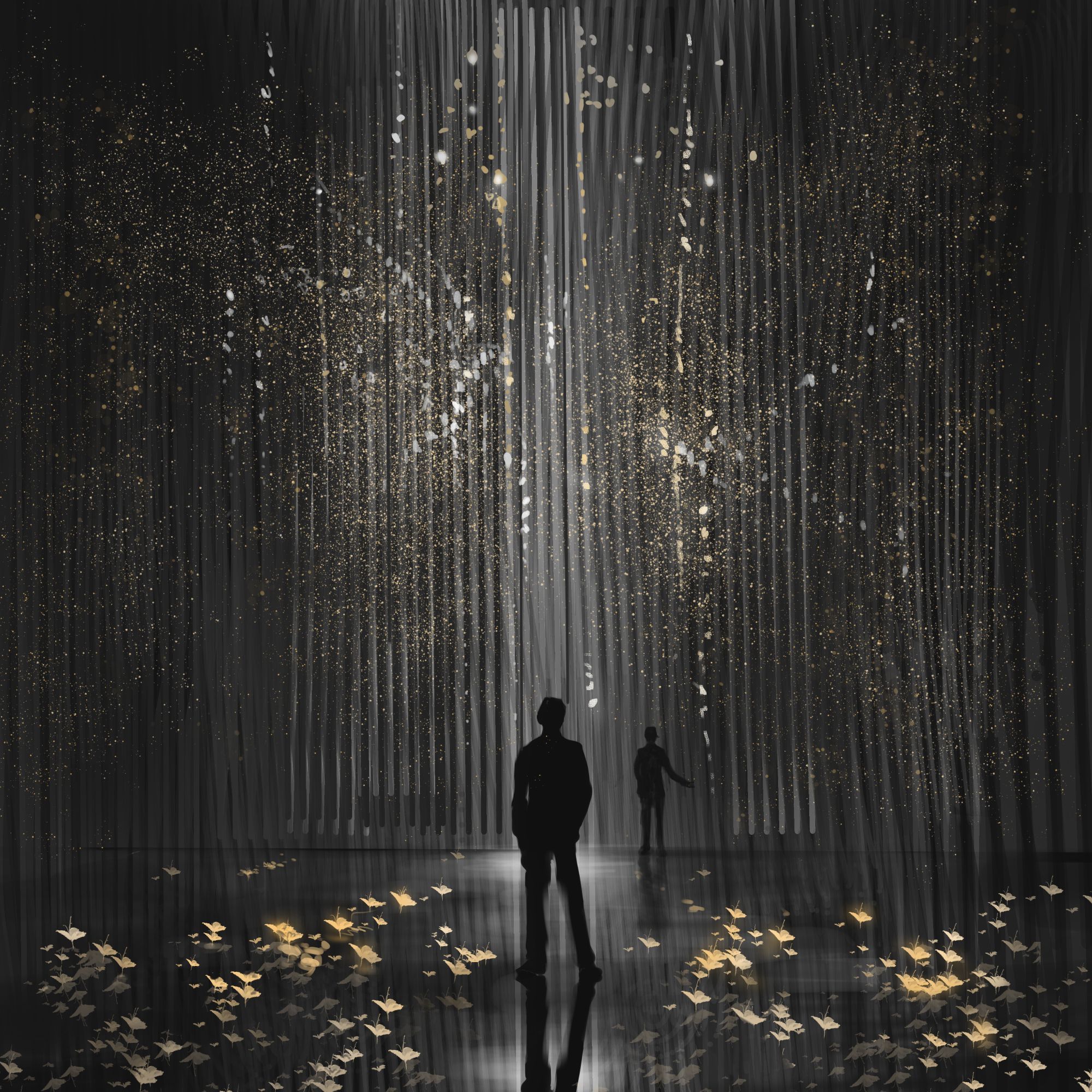 Digital WIP painting of two silhouetted figures standing on a dark reflective floor scattered with golden flowers. Thousands of strings of gold and white beads hanging from the ceiling