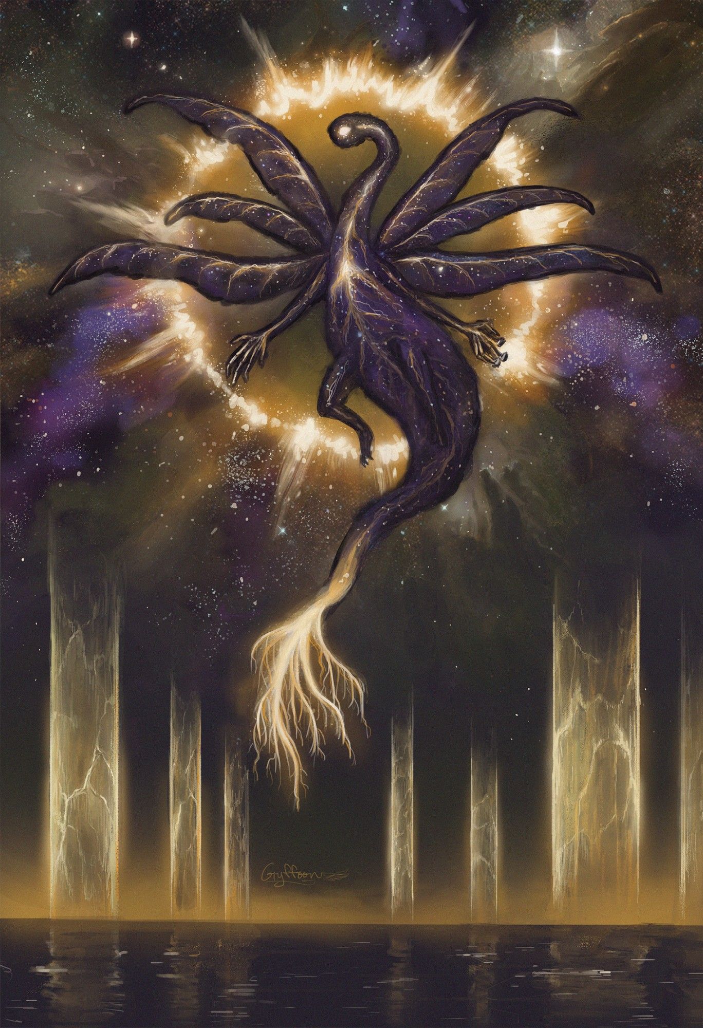 Digital painting of Elden Beast hovering over a pool of water, with a ring of stars and nebulae in the background, as well as the golden trunks of erdtrees