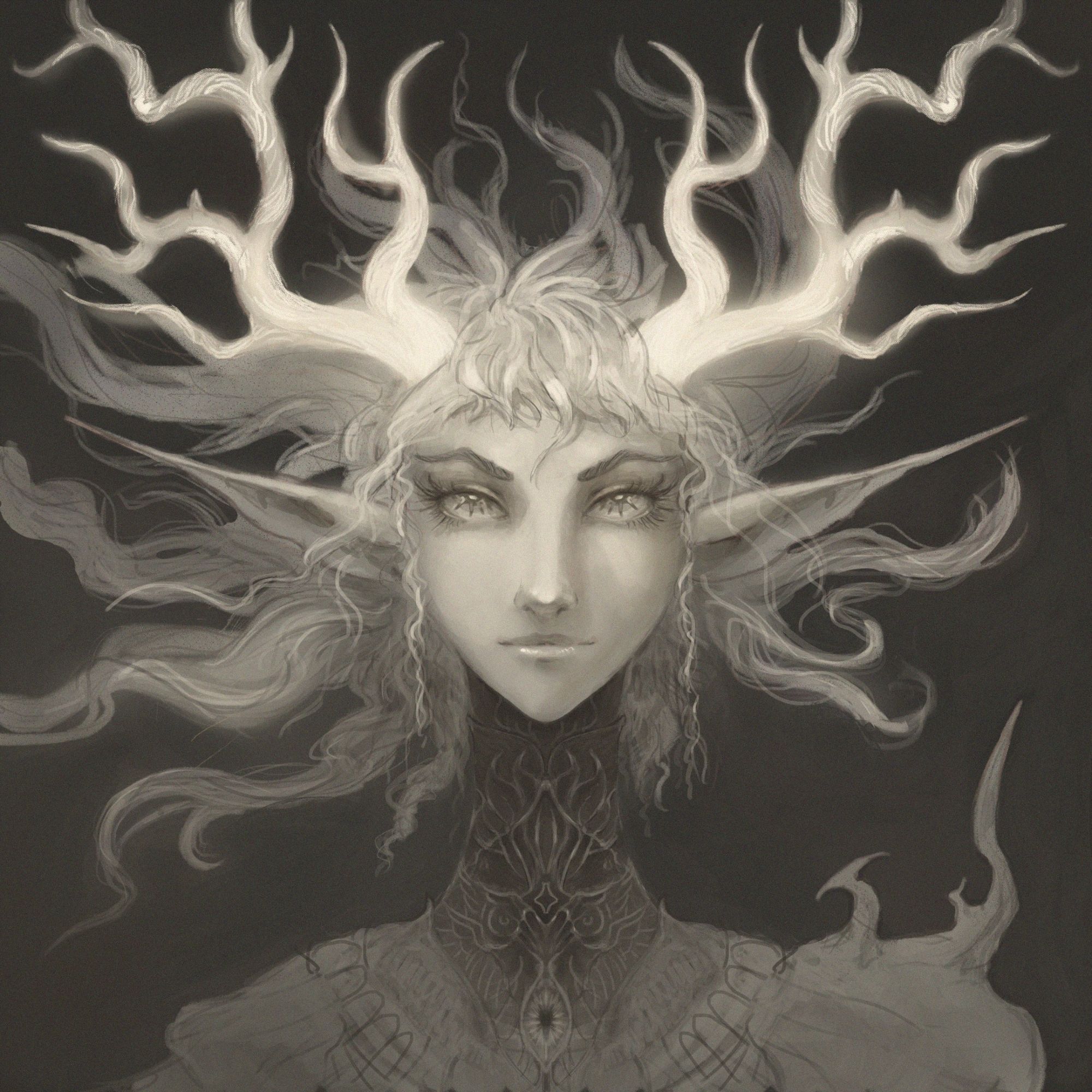 Sepia tone portrait of an elf with antlers