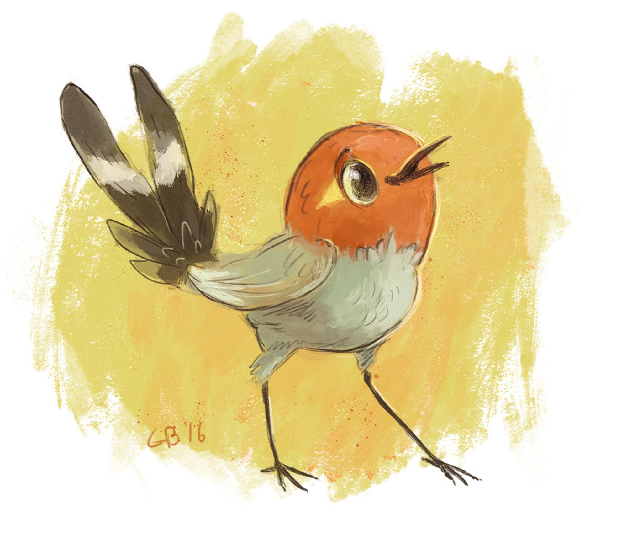 Digital drawing of a happy Fletchling on a minimalist yellow background