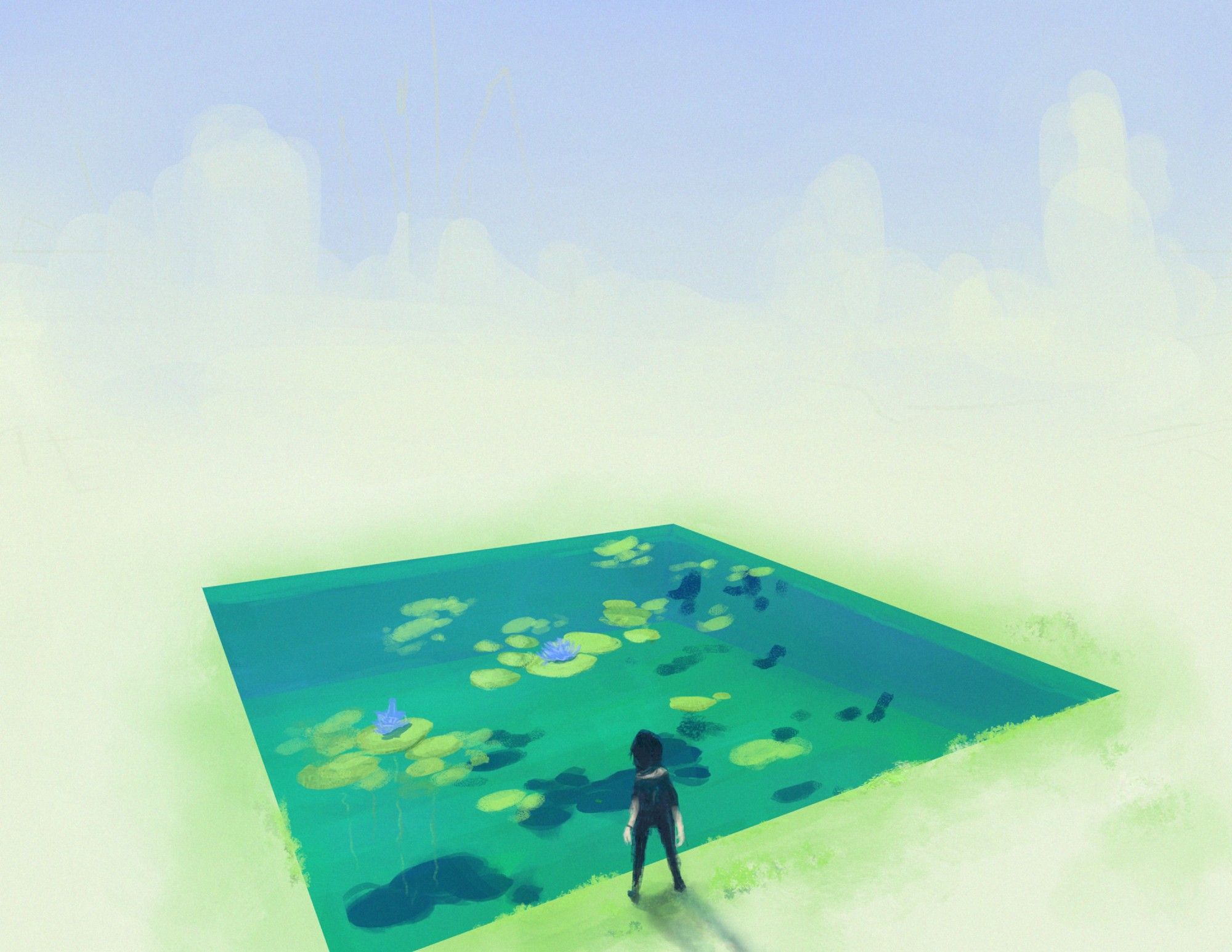 A figure in dark clothes stands in front of a square of water filled with water lilies. The ground fades into the background