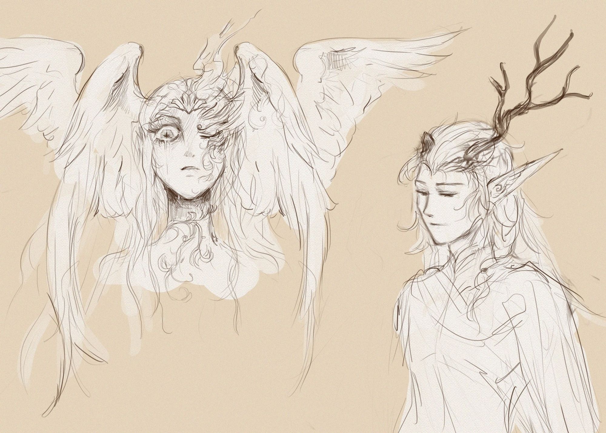 Digital character portrait drawings on a cream colored background. The figure on the left has four headwings, and one eye closed and covered by vine-like ornamentation. The figure on the right has a braided hair, pointed ears, and a broken antler.