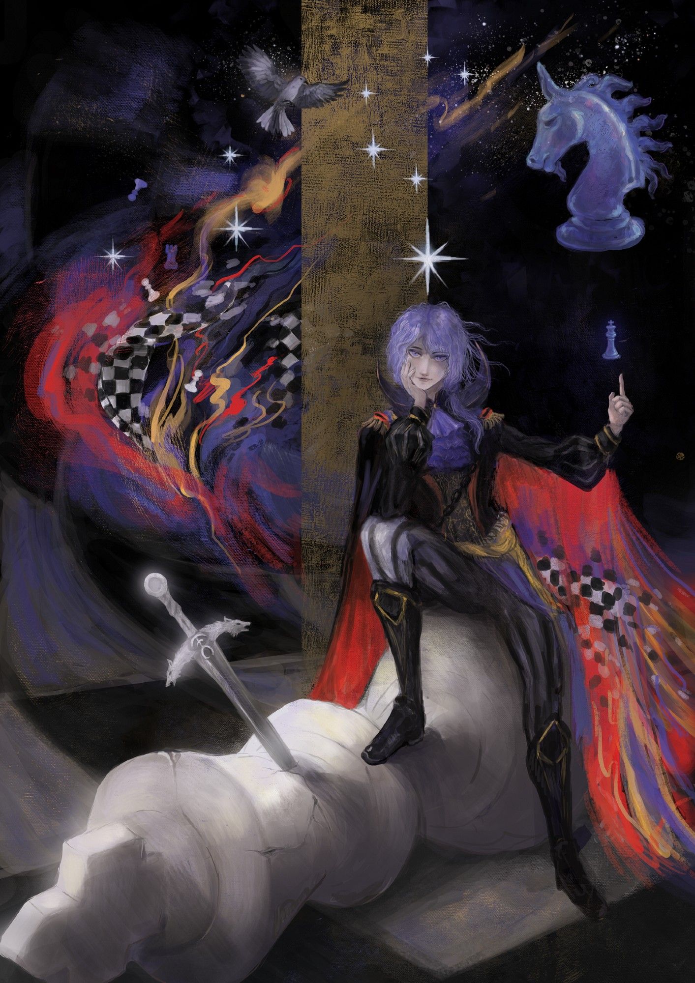 Chess-themed digital painting of Yuri from Fire Emblem: Three Houses. he is sitting on a fallen white chess king pierced by a wolf sword, and in the background are abstract geometric elements, a constellation, blue and white chess pieces, and a flying mockingbird