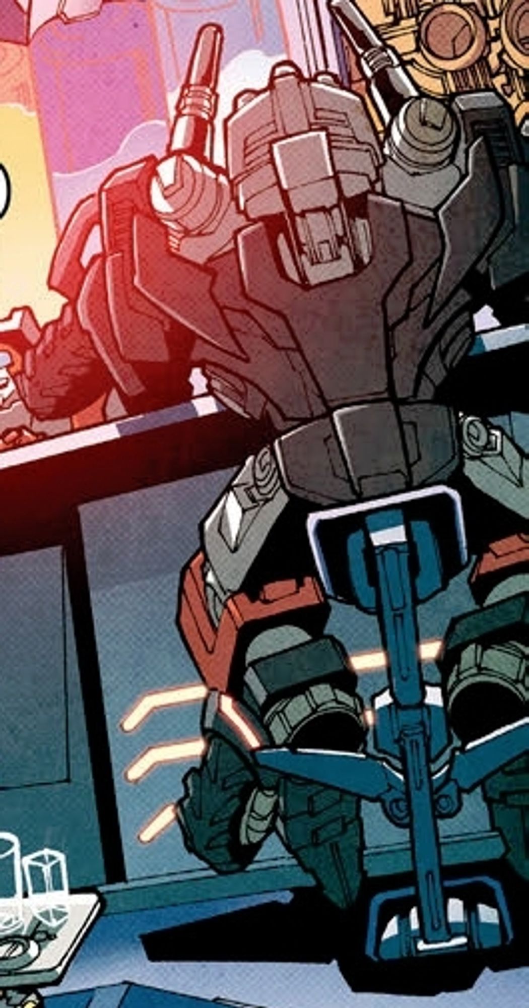 Cropped comic panel from IDW MTMTE #5 by James Roberts, illustrated by Alex Milne, depicting Trailbreaker/Trailcutter sitting at thr bar, back to the viewer.