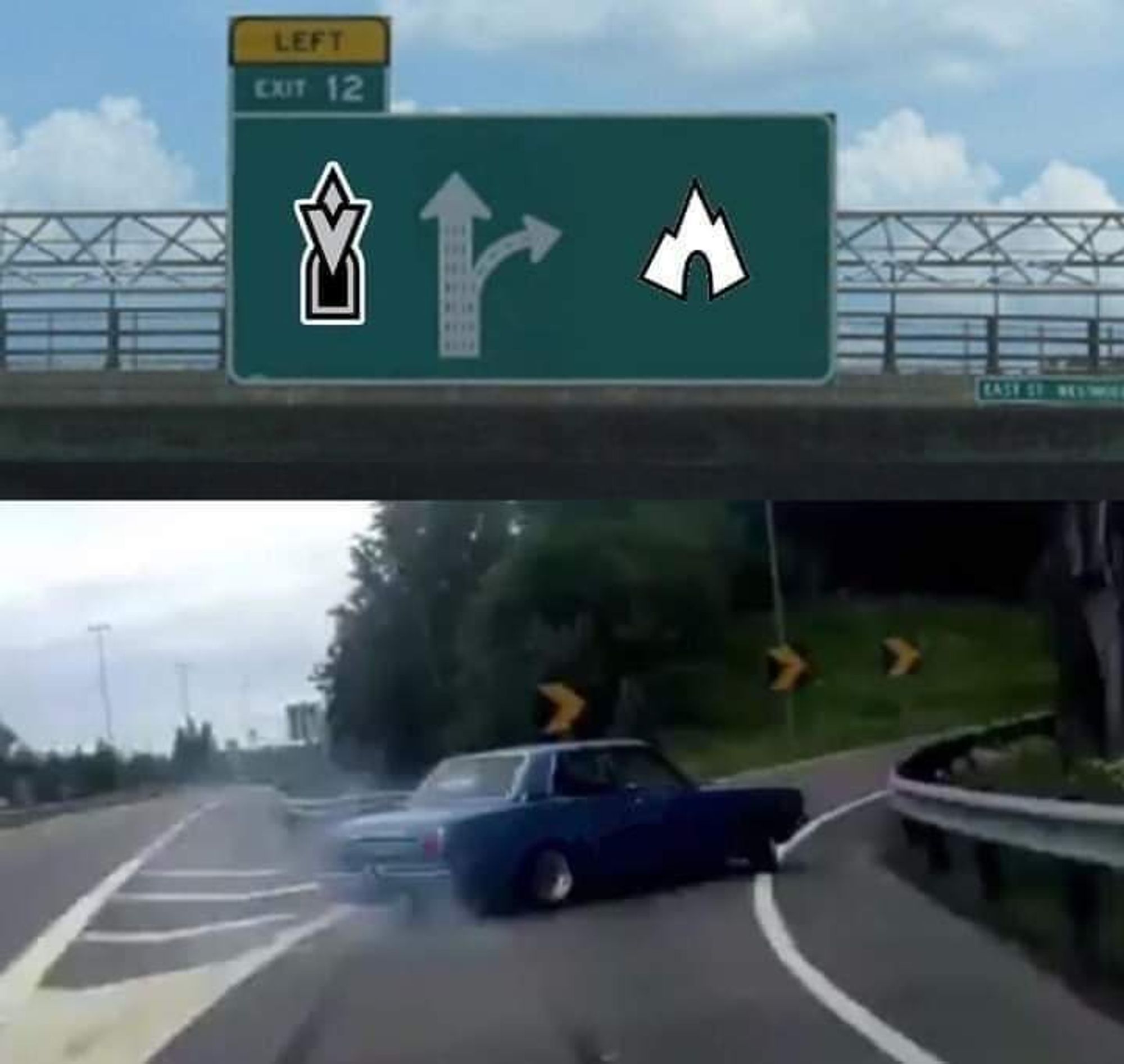 Left Exit 12 Off Ramp Meme featuring the Quest Marker from Skyrim as straight on and a cave icon marker as the off-ramp.