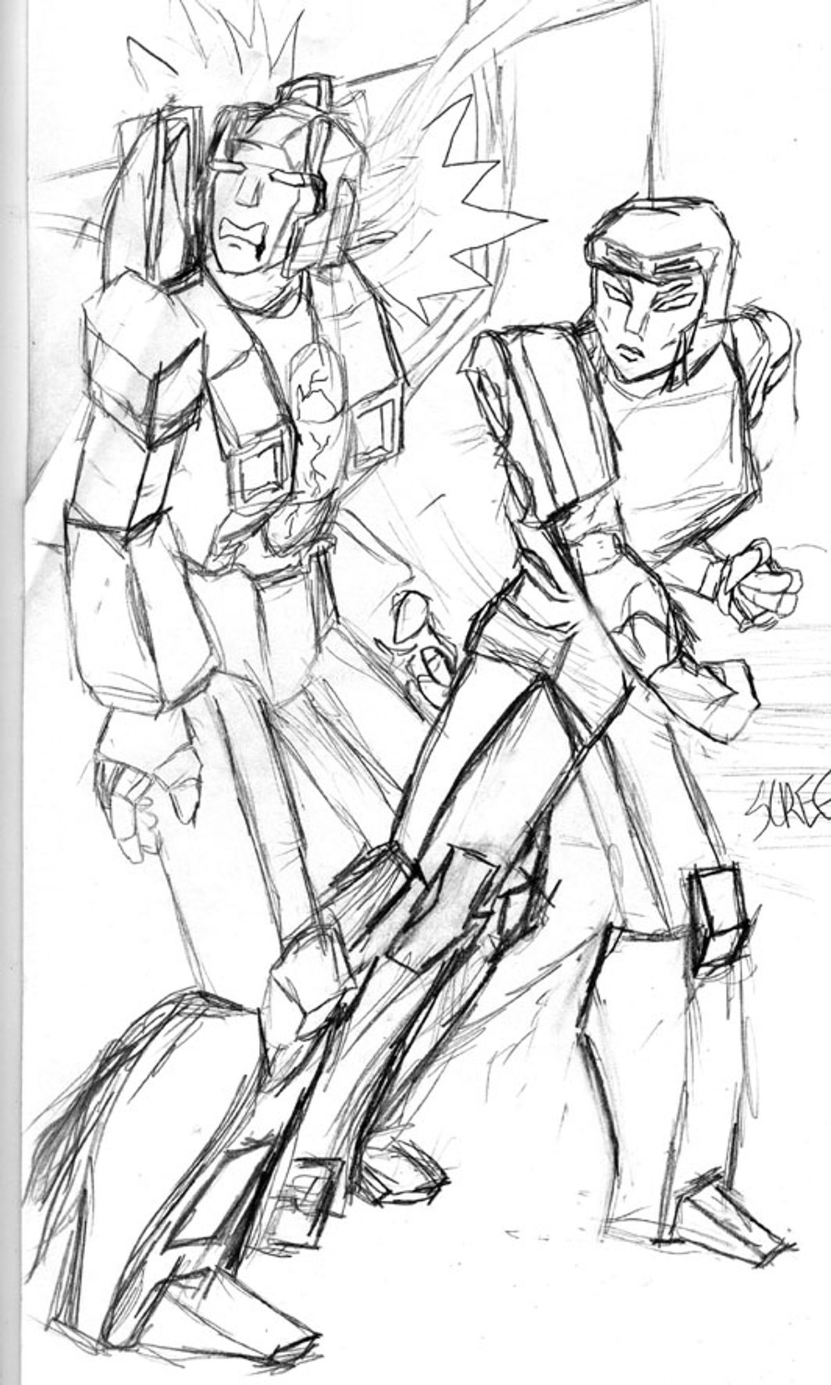 Pencil sketch circa 1996 of an original Transformers character named Artemis punching Starscream. He definitely deserved it.