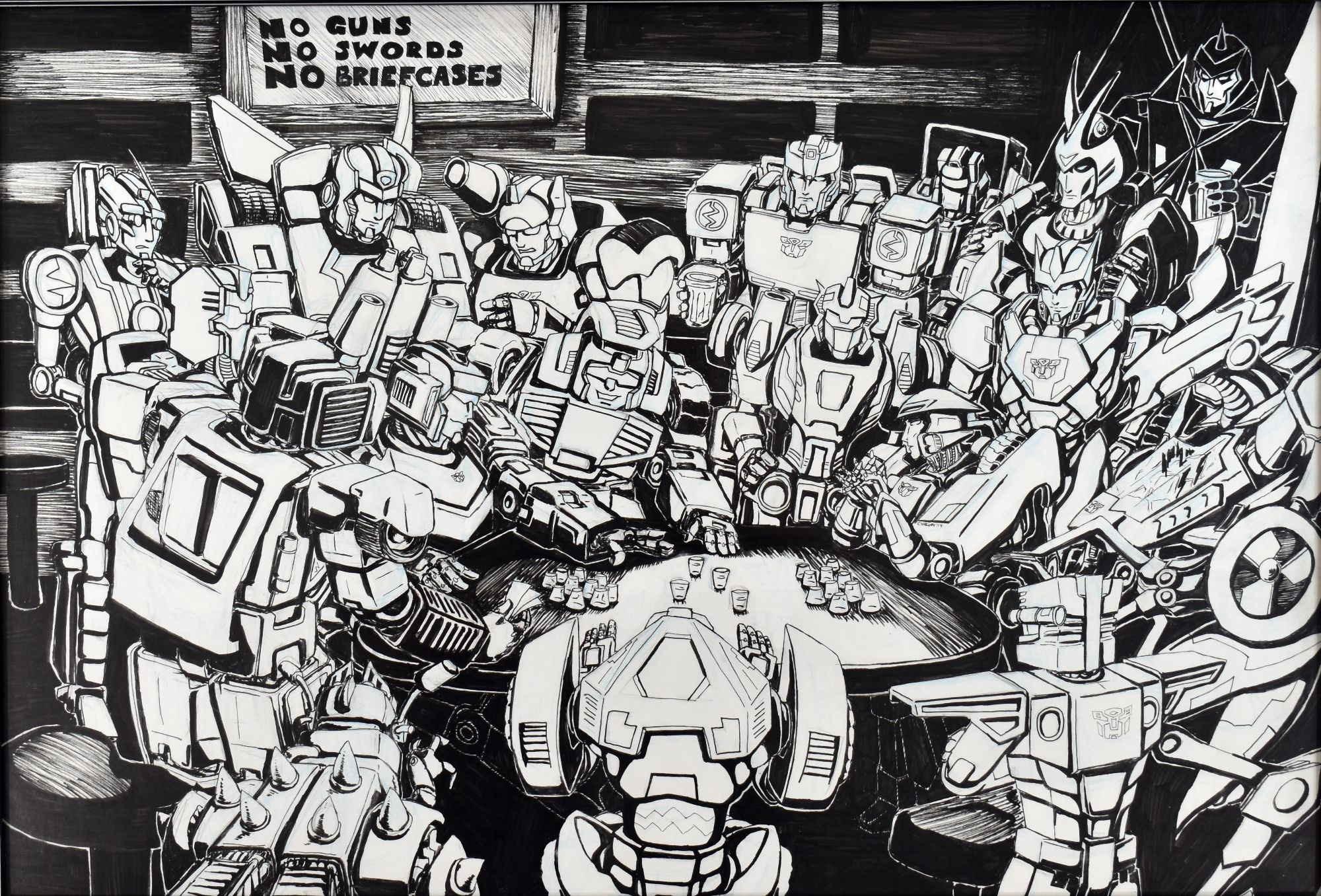 Pen and ink drawing from 2014 of the Lost Light crew surrounding a drinking contest between Trailbreaker/Trailcutter and my OC Artemis in the fashion of the opening scene with Marian from Raiders of the Lost Ark.