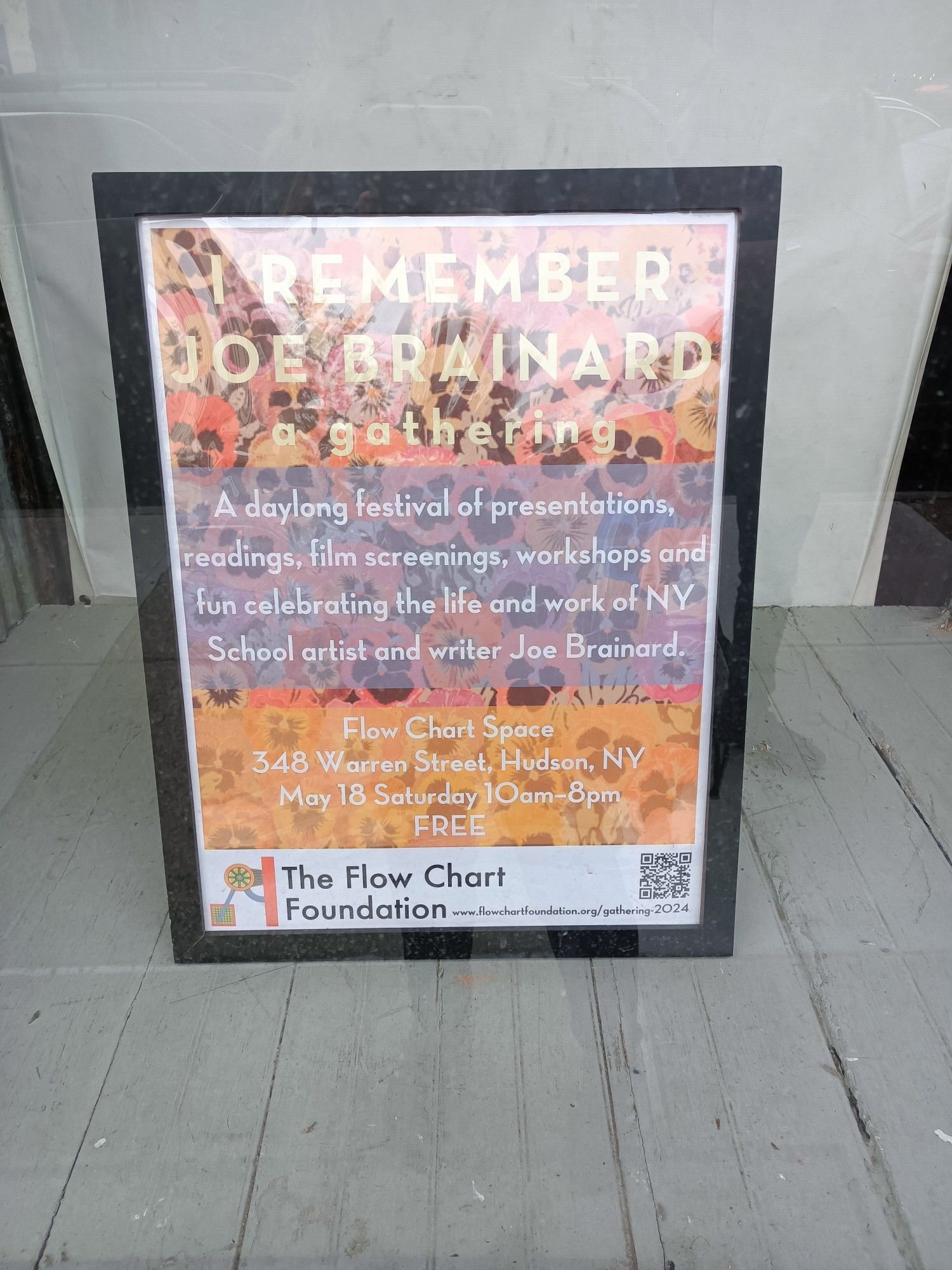 A poster for I Remember Joe Brainard: a Gathering in the window of the Flow Chart Foundation in Hudson, NY (May 18 2024)