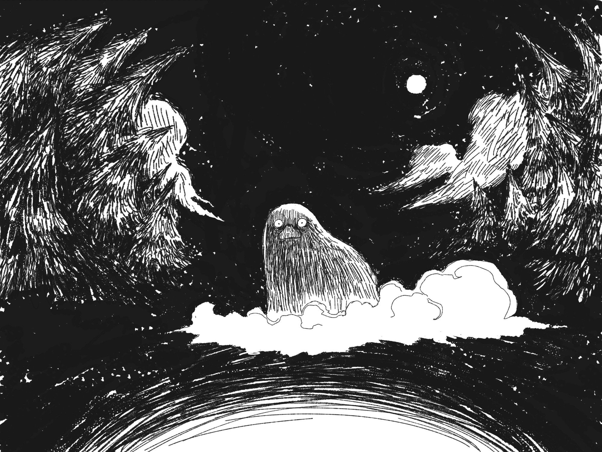 #moomin 
from Oct 2021

Digital ink illustration of the Groke, enveloped by a cloud of frost. She roams another night in Moominvalley, the trees bending to frame her cold might, a speck of the moon in the starry sky. She has spotted you and the warm glow of your torch light.