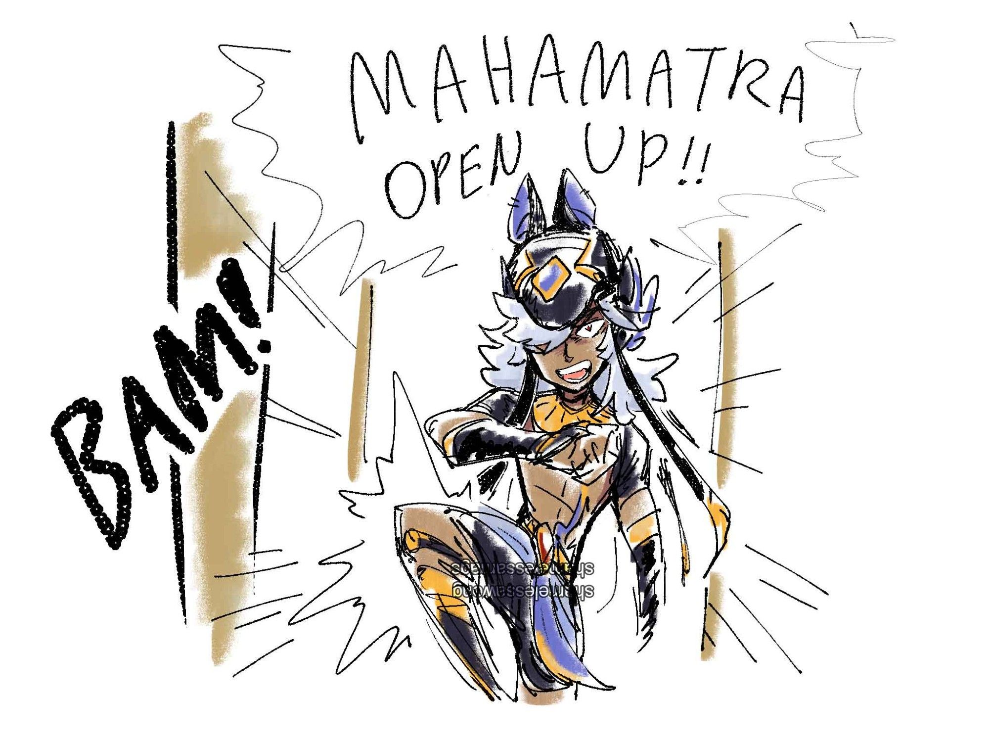 [colored sketch]
[BAM!]
Cyno: (kicking down door) "MAHAMATRA OPEN UP!!"