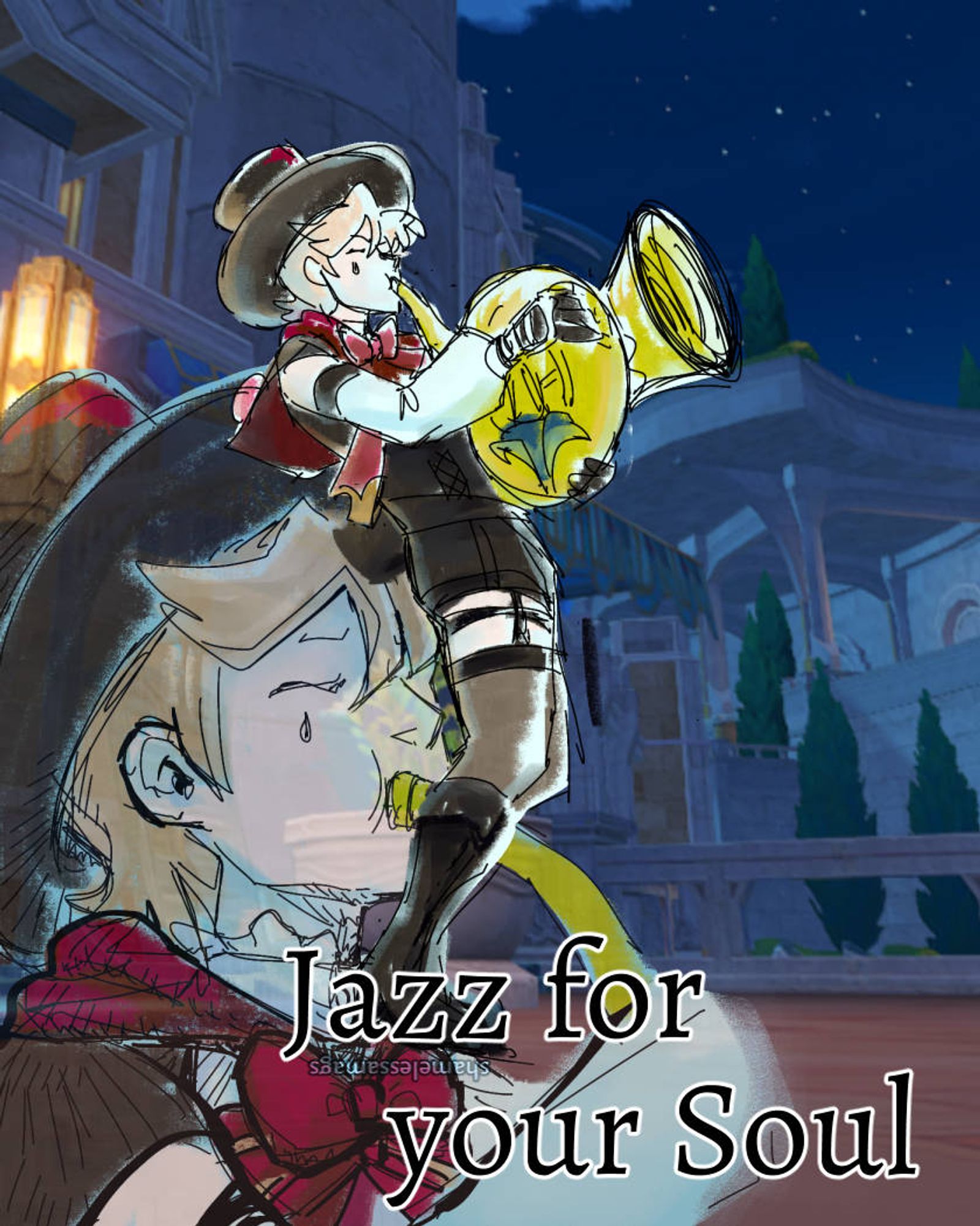 #genshin #genshinimpact #genshinfanart #lyney #lyneyfanart #fanart #fanartfriday

that "Jazz for your Soul" image but with lyney