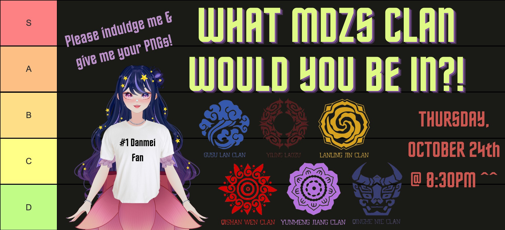 Tierlist background with text asking "What Mo Dao Zu Shi Clan would you be in?!" on it. VTuber Nova Eos is also featured on the image wearing a shirt that says "#1 Danmei Fan". The 6 main clans from MDZS are featured as follows: Gusu Lan, Yiling, Lanling Jin, Qishan Wen, Yunmeng Jiang, and Qinghe Nie. The date is October 24, 2024, and the time is 8:30PM EDT.