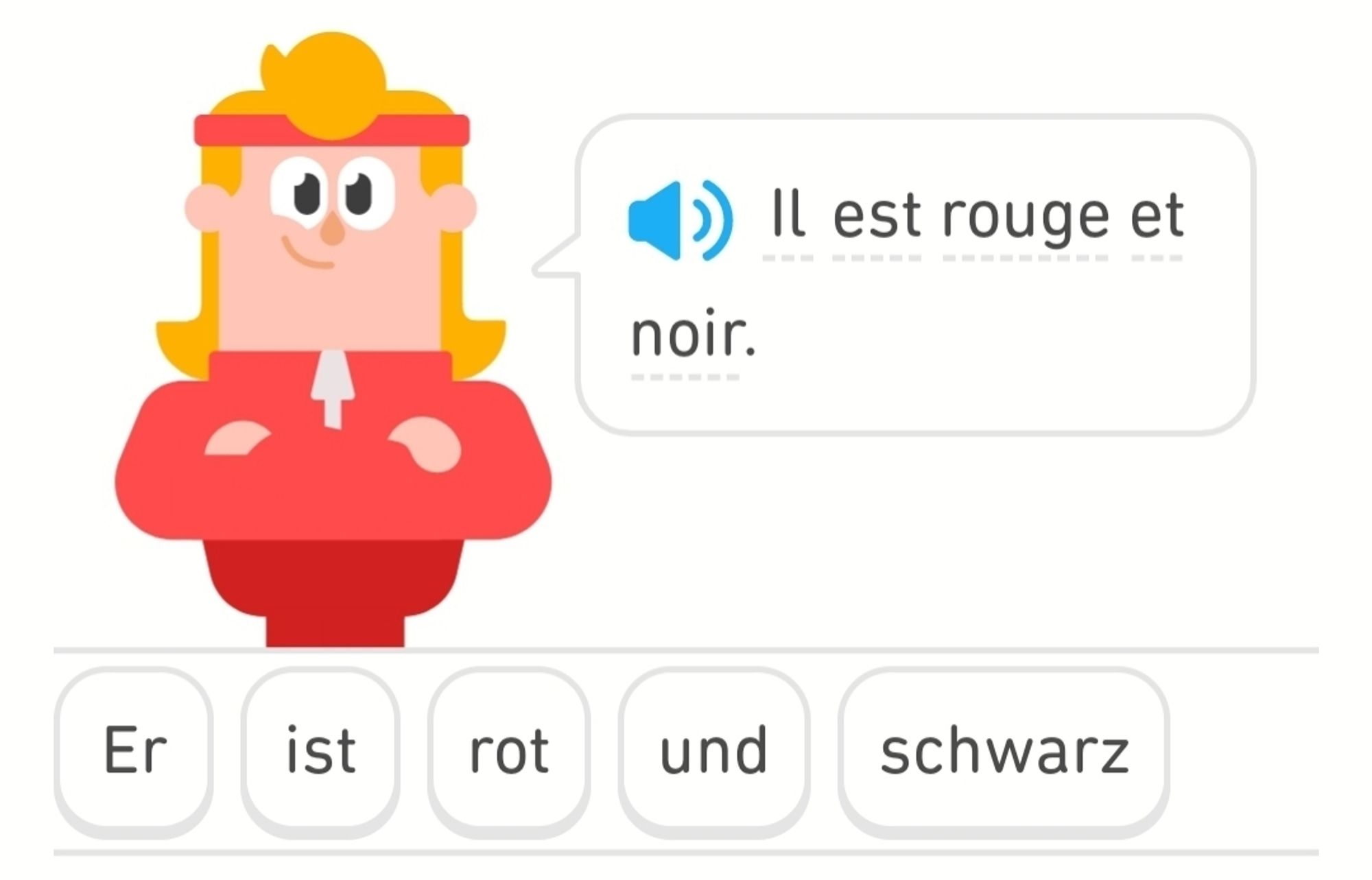 Screenshot aus der Sprachlern App Duolongo. Der aus dem Französischen zu übersetzende Satz lautet: "Il es rouge et noir" (Er ist rot und schwarz).