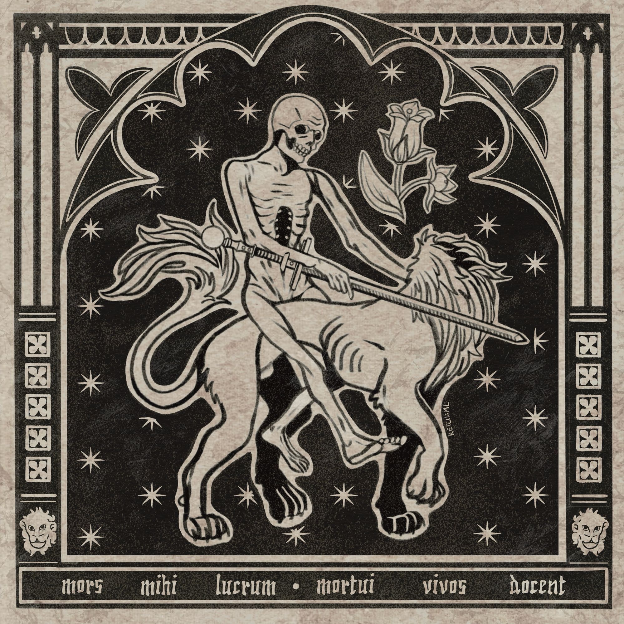 Monotone image of a block print style illustration; it shows a corpse riding a headless, lion-like beast and carrying a sword. Gothic elements surround the figures and stars and a flower adorn the field. At the base is Latin text: MORS MIHI LUCRUM and MORTUI VIVOS DOCENT