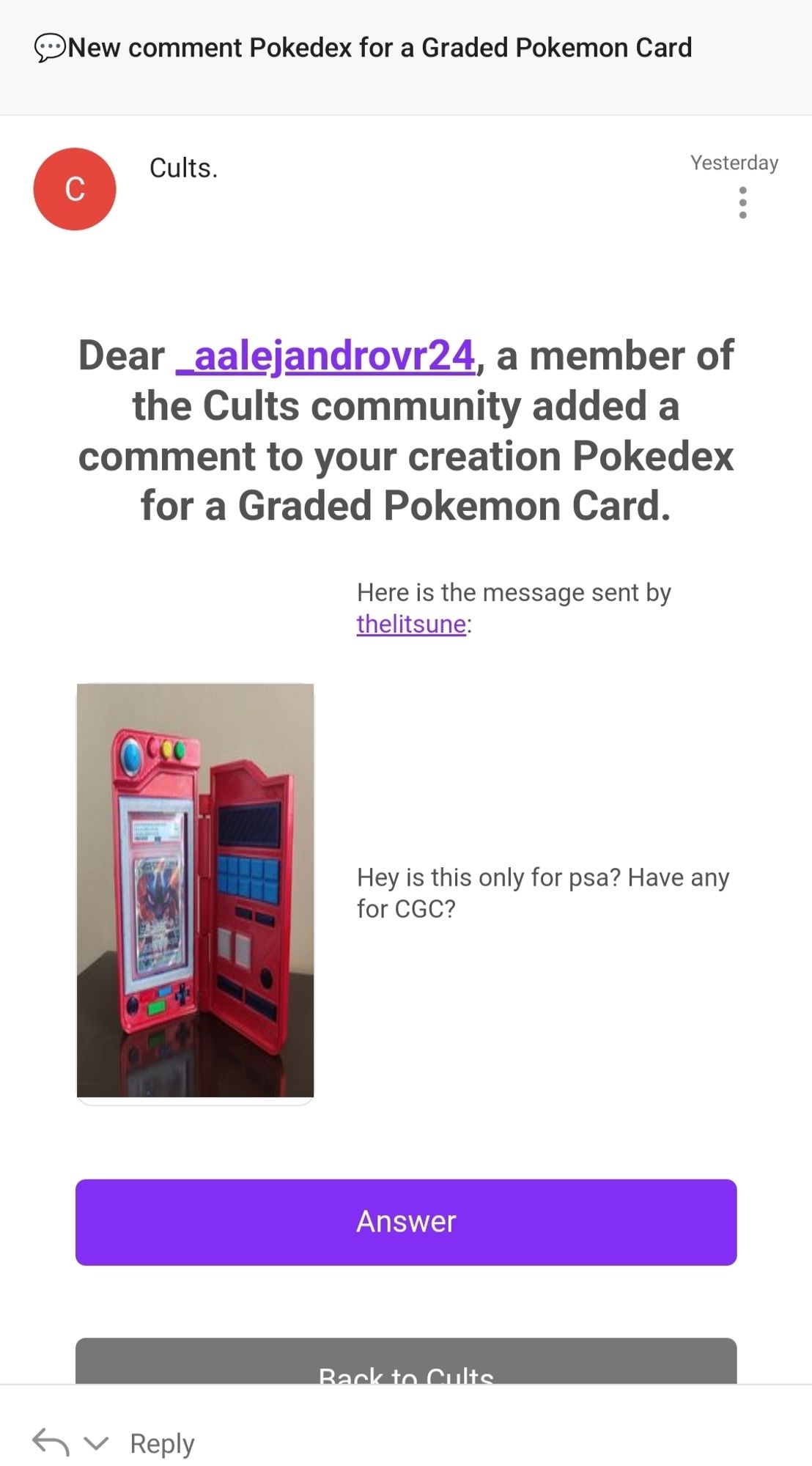 SS of a fan asking for a CGC Pokedex version to Alex