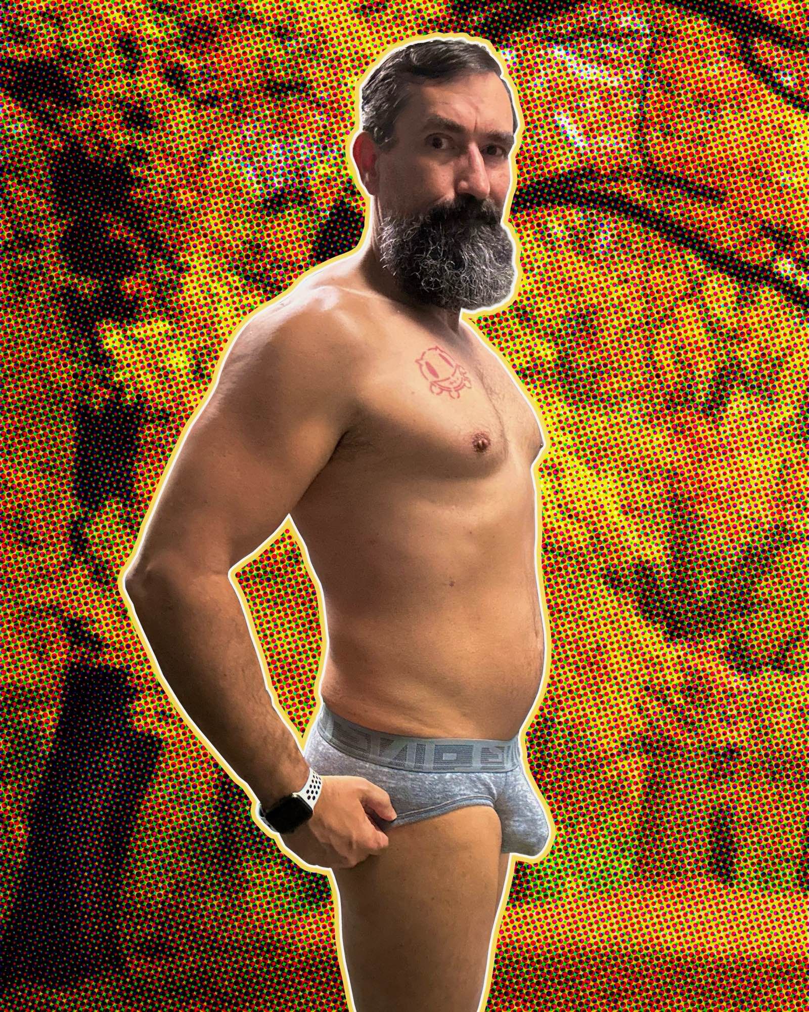 Man wearing grey CIN2 briefs in front of autumn foliage