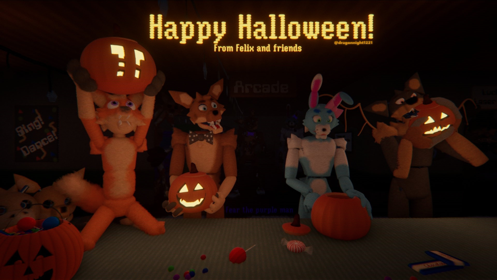 The Felix gang all enjoying the spooky holidays, Foxpup holding up his prized art. Felix happy to see everyone enjoying themselves. Lucky taking her time. And Midnight uh, nomming his pumpkin.
.
What's that in the back? Probably just my tierd eyes