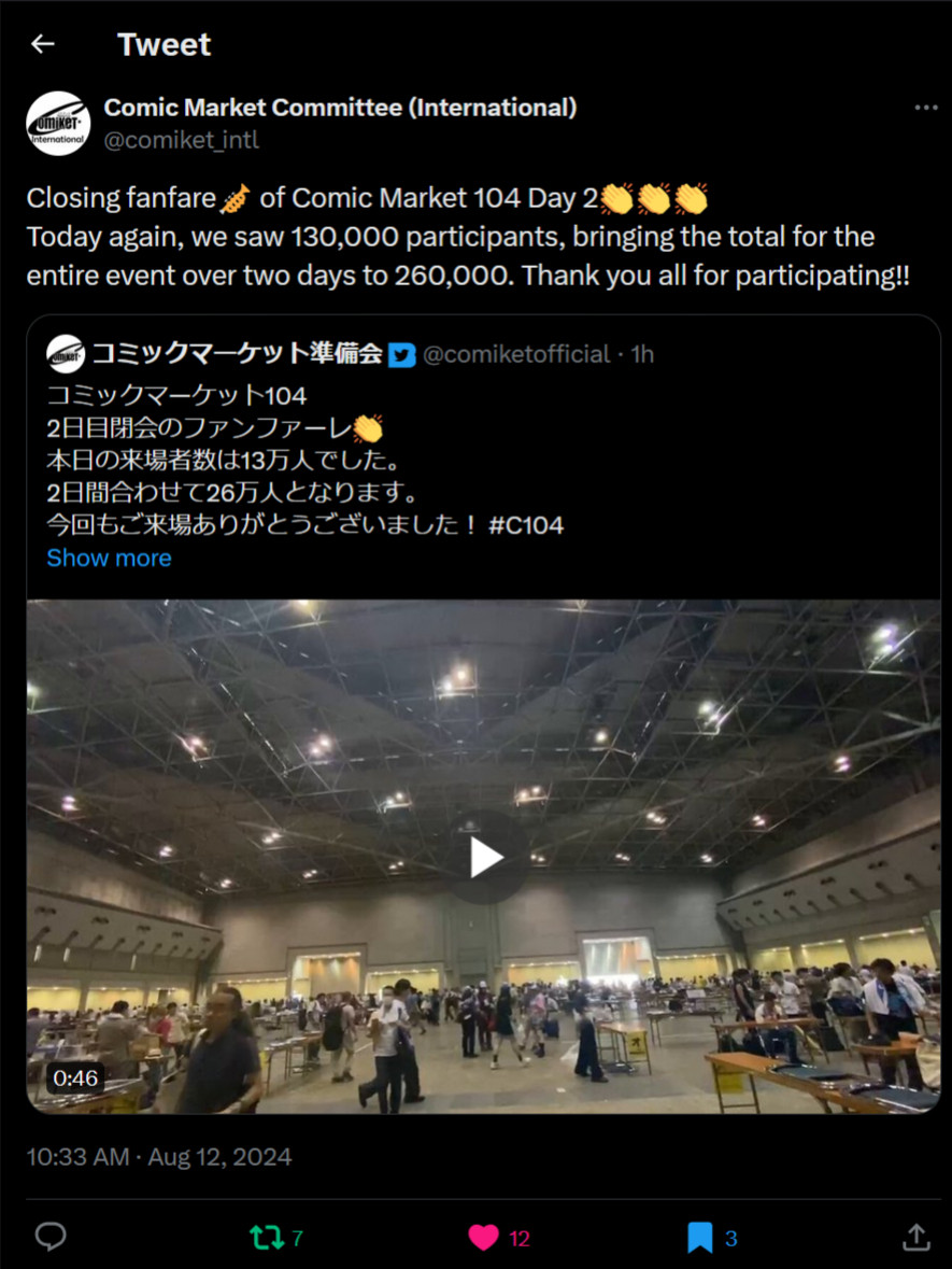 Tweet du compte anglais officiel du Comiket qui annonce la cloture de la convention et le nombre de visiteurs en 2 jours : 260.000 !