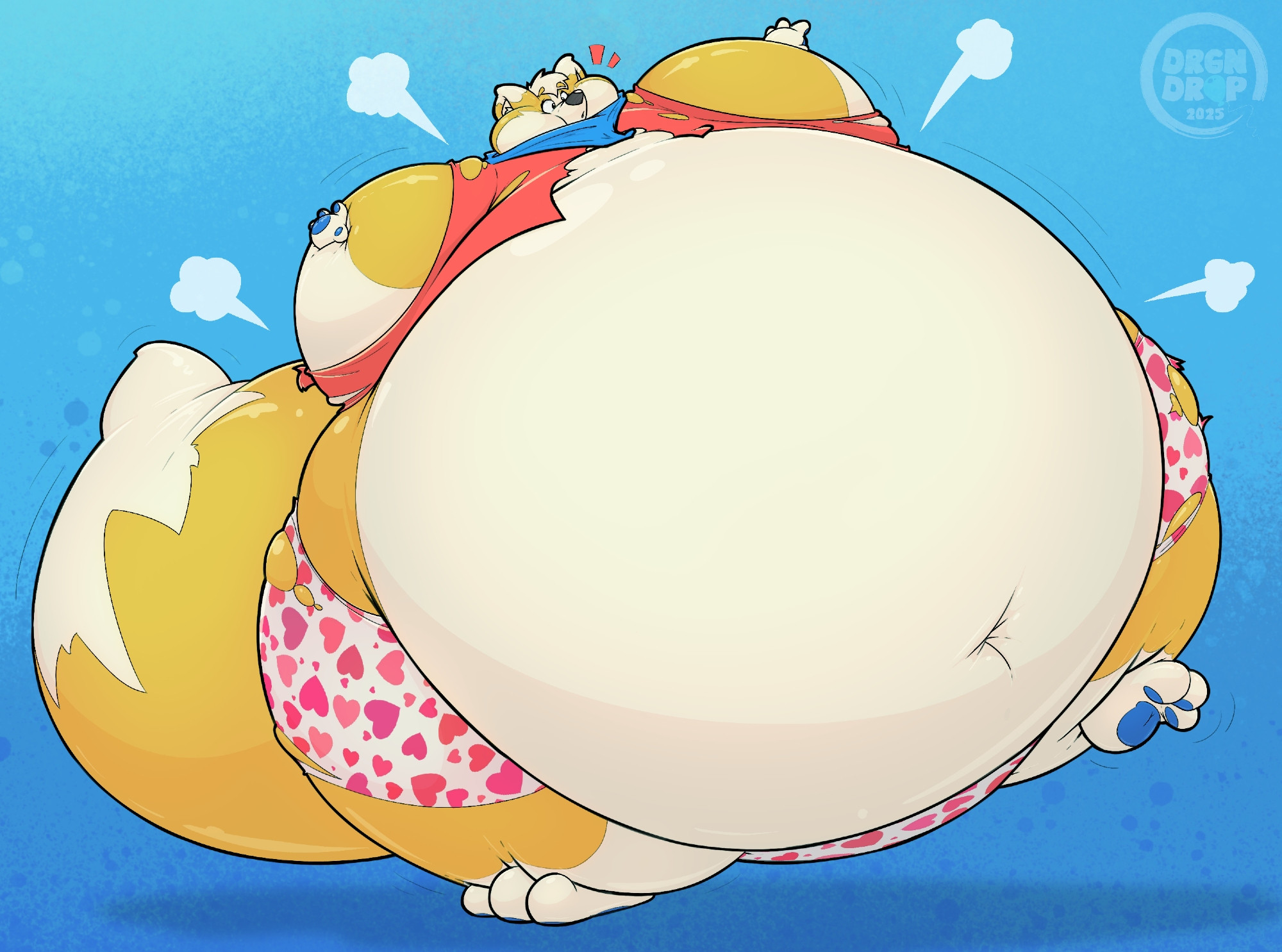 Grieg Fox, spontaneously inflating up rather large, wobbling on one foot. Red shirt straining and tearing, as well as love heart underwear straining some too.