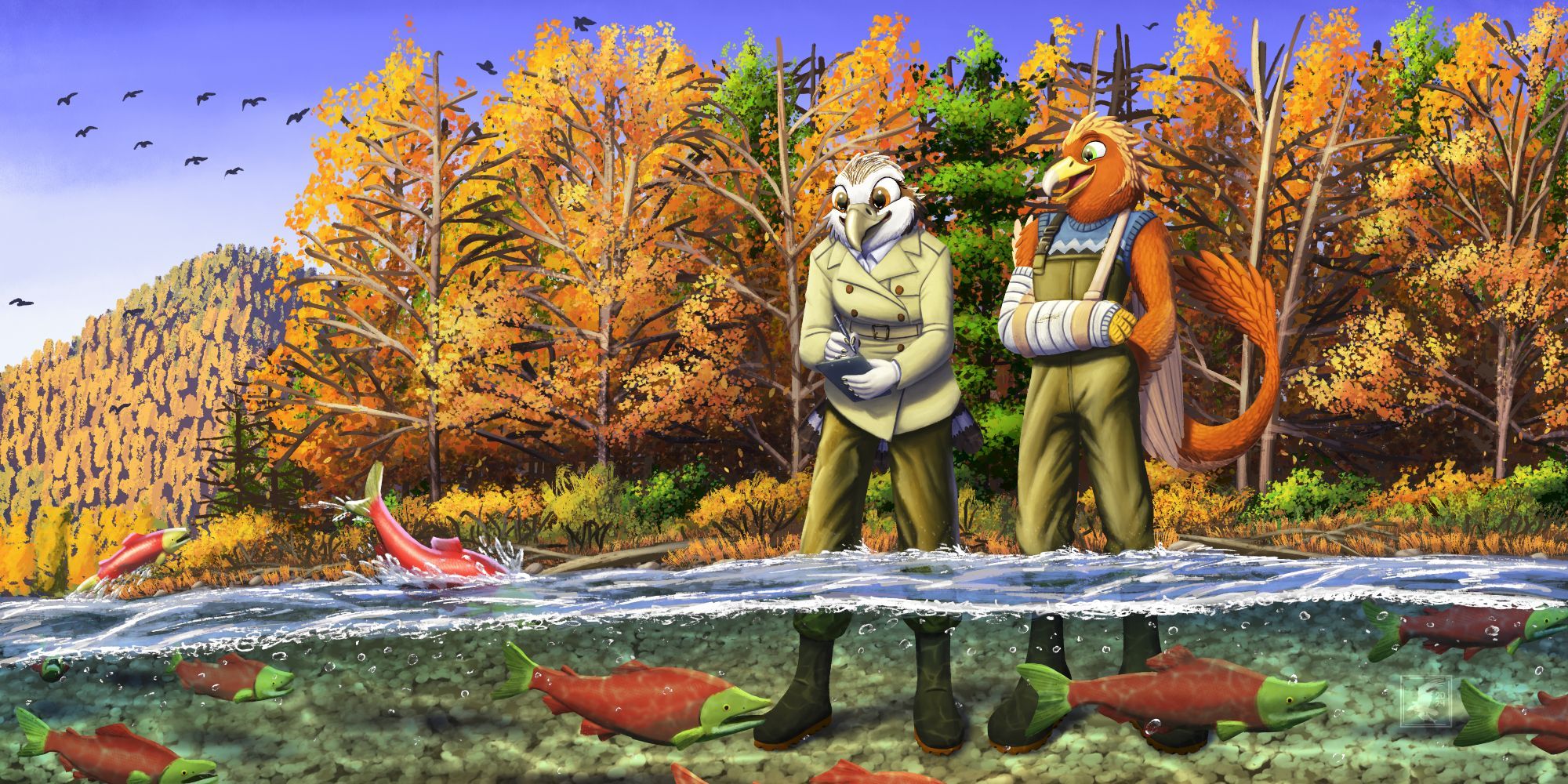 Two anthropomorphic birds, one an osprey and another a gryphon, both being marine biologists studying salmon on a riverside somewhere in the Pacific Northwest