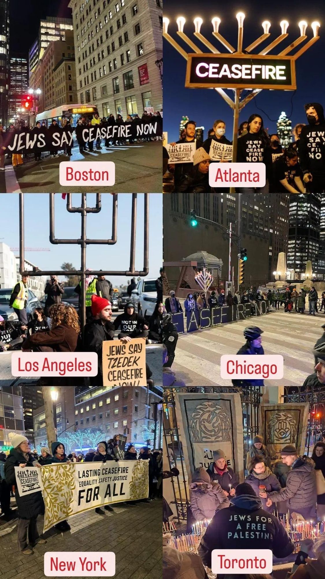 Photo collage of Jews protesting for a ceasefire in Boston, Atlanta, Los Angeles, Chicago, New York, Toronto