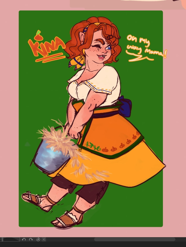 An image with a simple green rectangle background (because backgrounds are hard) and a curly redheaded young woman holding a bucket of straw. Dressed in typical Ordonian attire, lightskin, face dotted with freckles. Her name is Kina, she is a farmhand and is calling out to her mother! (This is old artwork.)