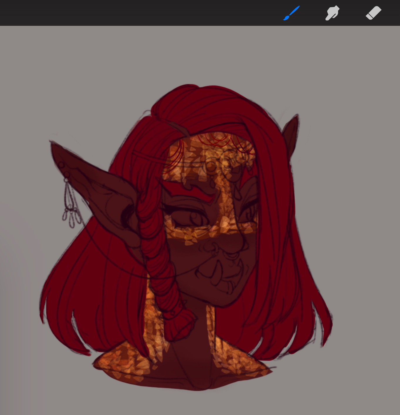 Headshot of a dark brown-skinned woman with deep red hair and golden dragon scales. She has short tusks and a playful grin as she looks to her left. Her name is Brynn!