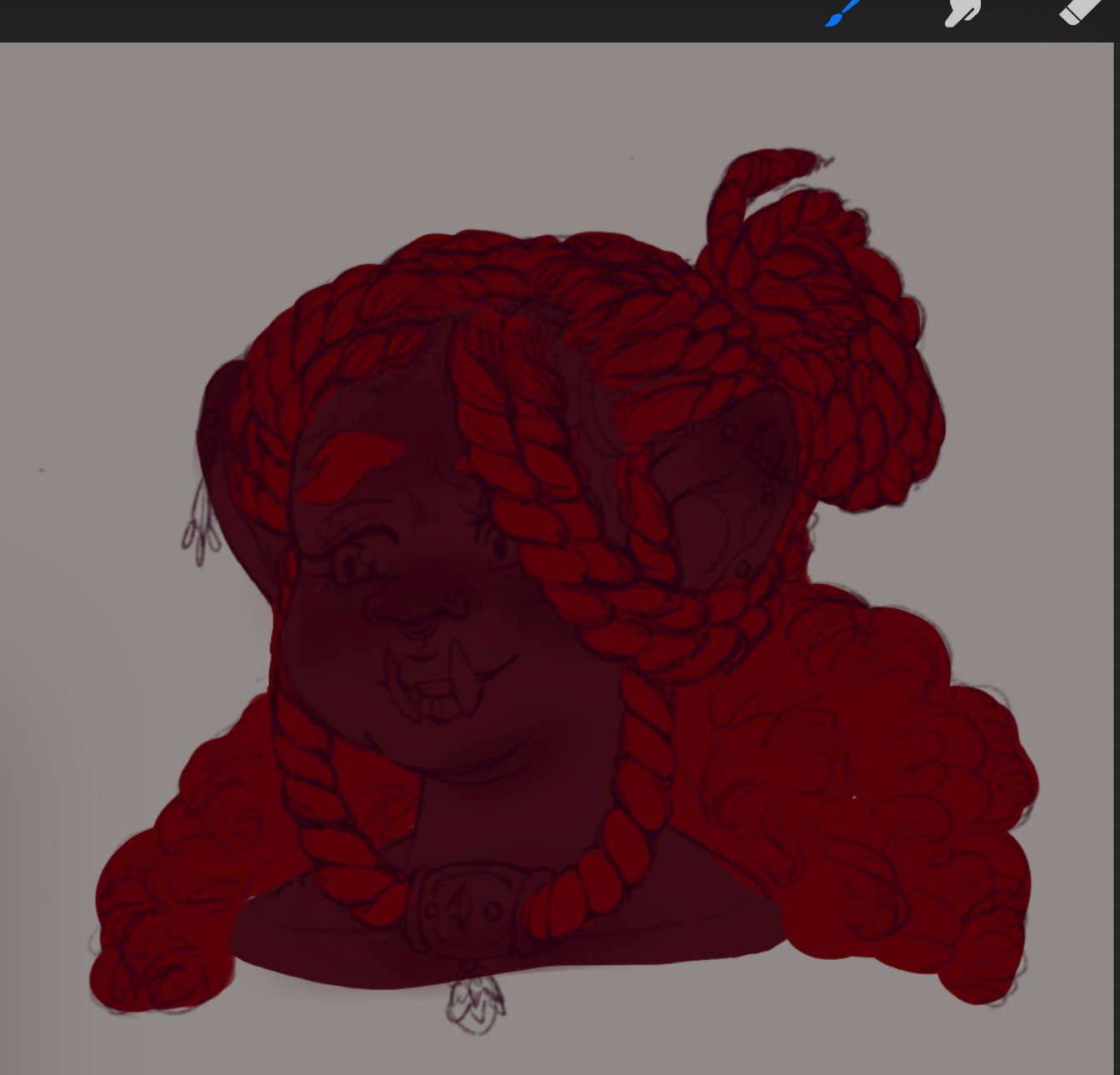 A headshot of a brown dark-skinned woman with a rounded face and chubby cheeks. Her hair is long and a deep shade of red, with some half up in twists and the rest down in natural curls. She has tusks and is wearing a playful smile as she looks to her right. Her name is Eyda!