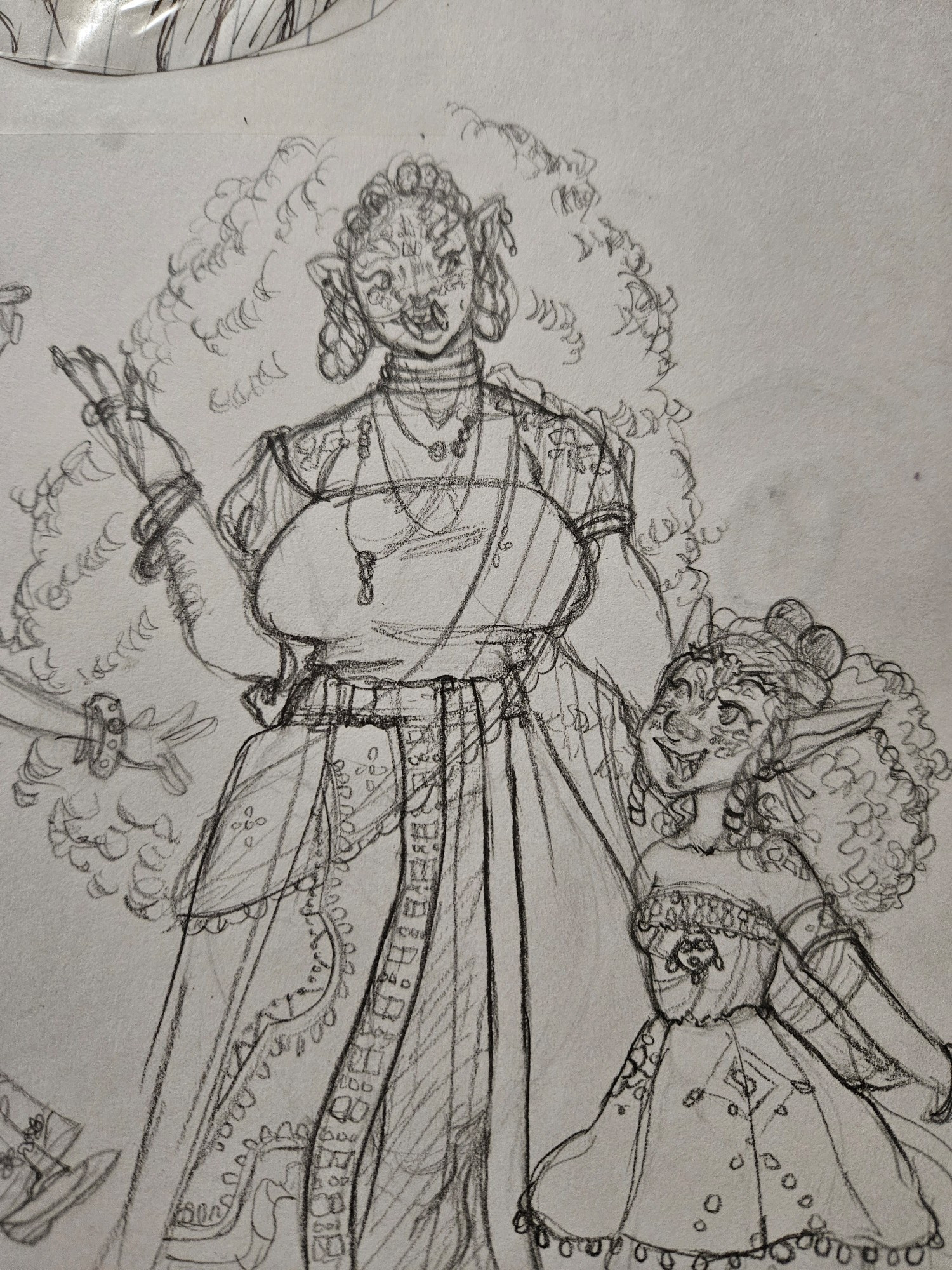 (GERUDOVERSE) 
This is a traditional sketch. On the left stands a taller woman with long curly hair, tusks, and dragon scales. She is dressed in casual Kedan Tribe attire. On the right stands a shorter little girl, with a similar hairstyle and dress. She is looking up at the older woman with an enthusiastic smile. The mother and daughter are speaking about something as they walk together.

Mother: Nabooru, Queen and Chieftess of the Gerudo
Child: Labrynnia (Brynn), Crown Princess of the Gerudo