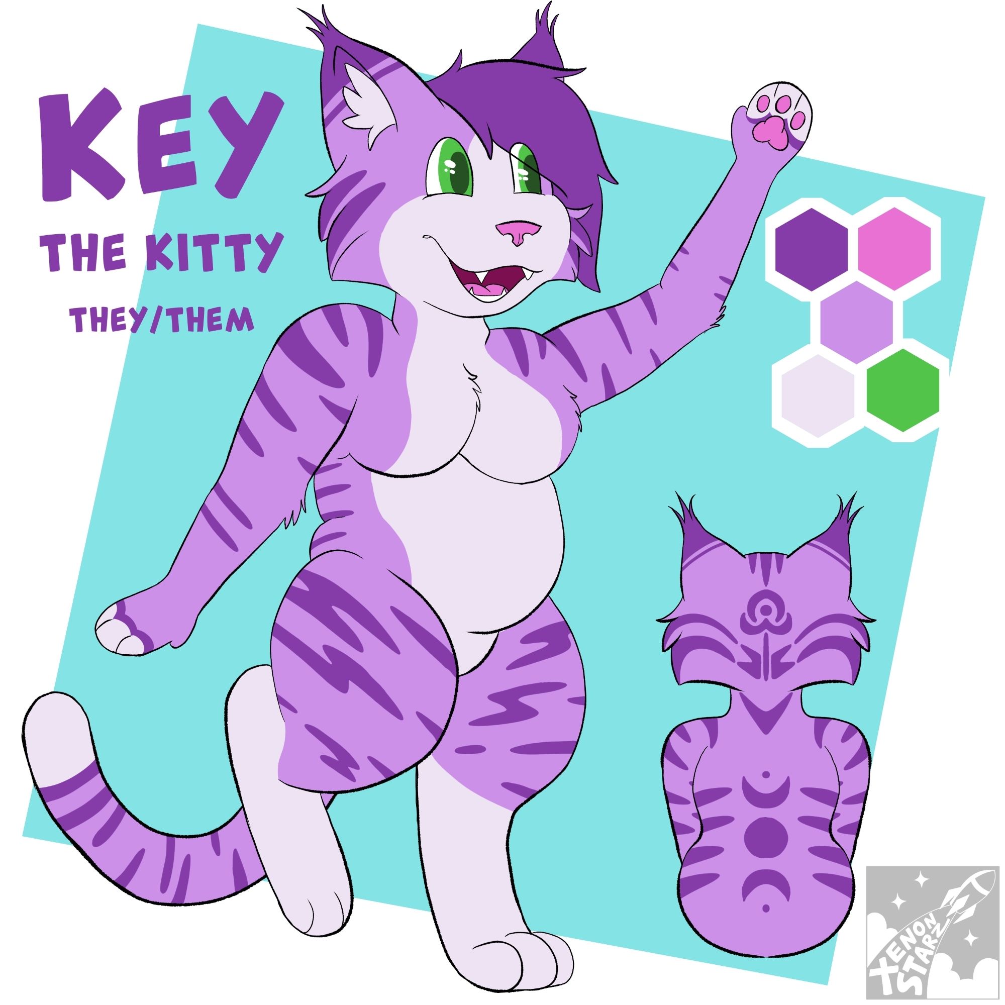 fursona ref sheet for Key the Kitty, they/them. A purple on purple tabby cat with key and moon motifs on the back.