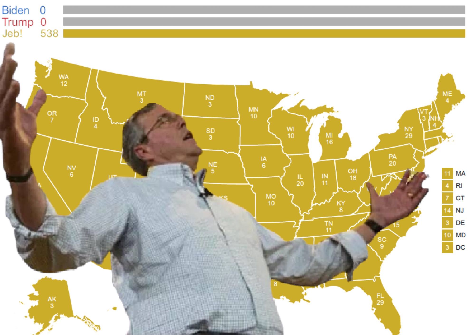 Jeb Bush with wide-spread arms, leaning back slightly, with his eyes closed and his mouth open, as if unleashing a primal victory howl. Behind him is one of those election maps of the United States, displaying blue for Biden, red for Trump, and yellow for Jeb. The entire map is yellow.