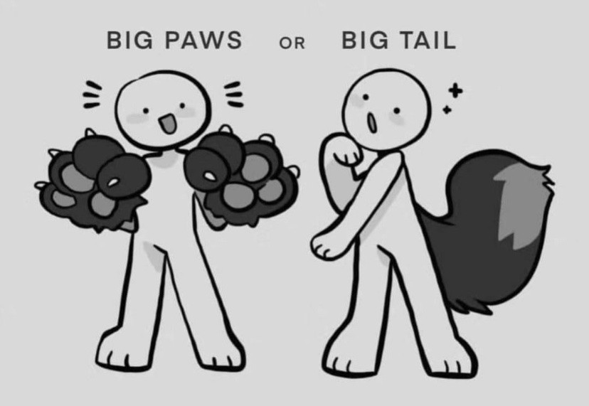 The image shows a simple cartoon character with two options. On the left, the character has large paws labeled, "BIG PAWS" On the right, the same character has a big, fluffy tail, labeled "BIG TAIL"