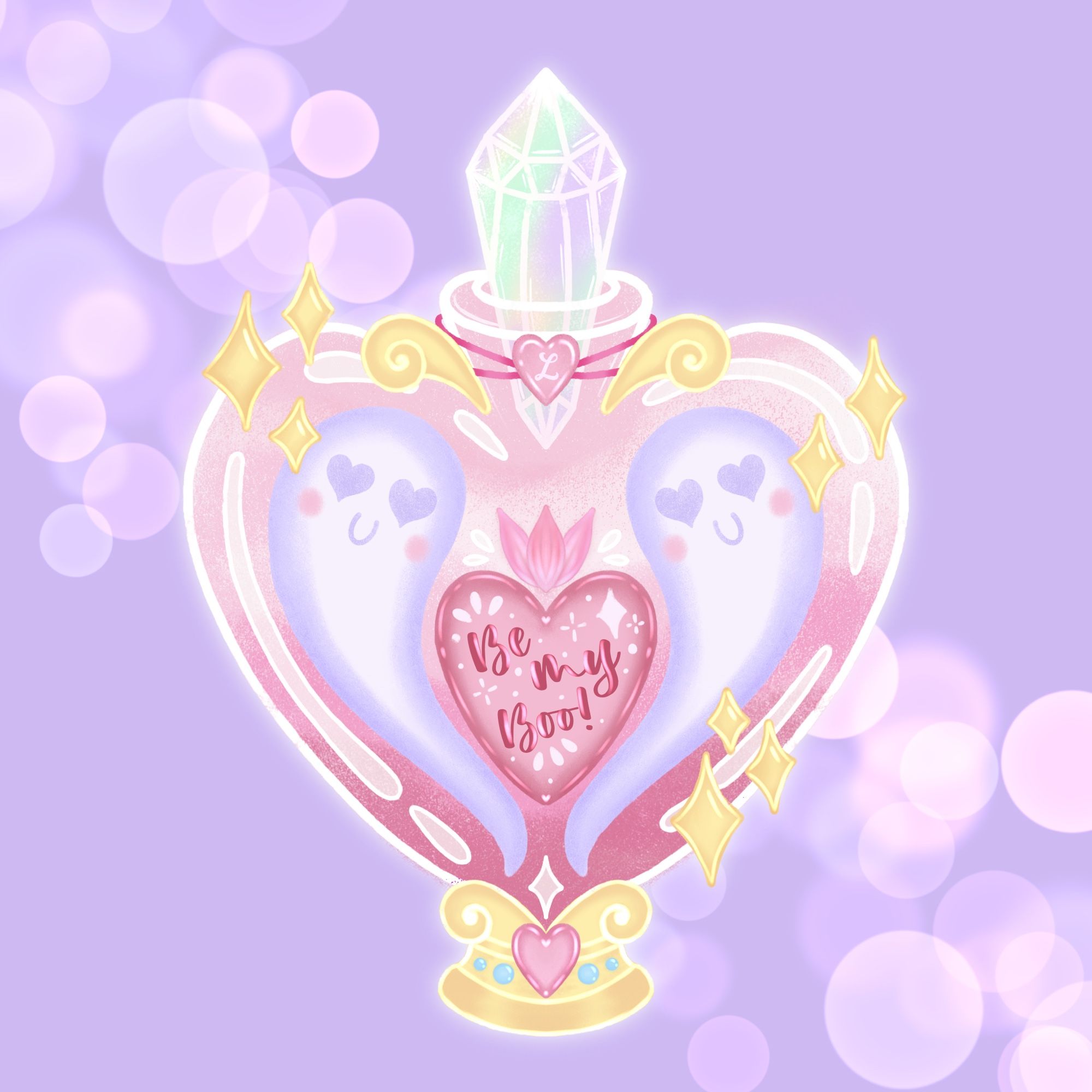 A digital drawing of a heart shaped potion bottle with two purple ghost surrounding a pink, sparkling heart with the quote be my boo.