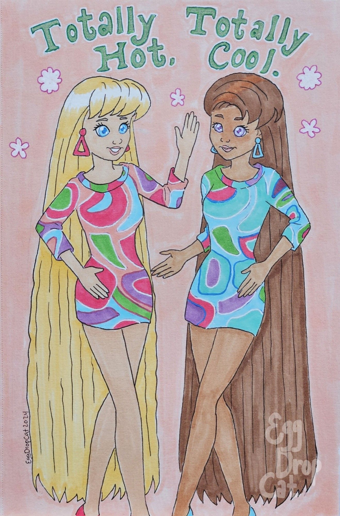 A marker drawing of Totally Hair Barbie and Teresa standing next to each other, the commercial jingle "Totally Hair, Totally cool" above them