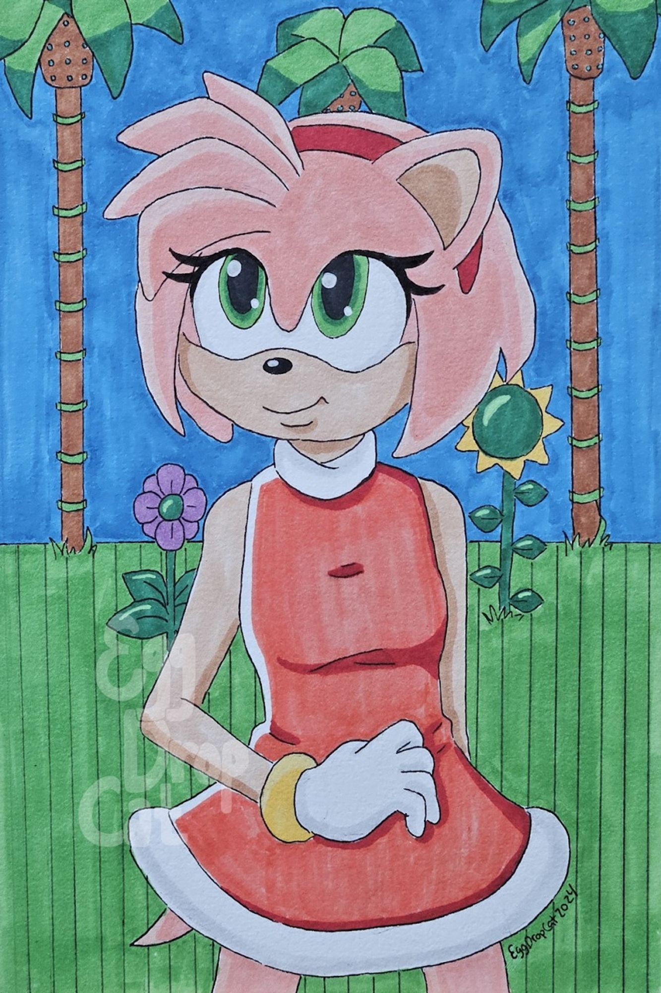 A marker drawing of Amy Rose the Hedgehog in the middle of the green hill zone