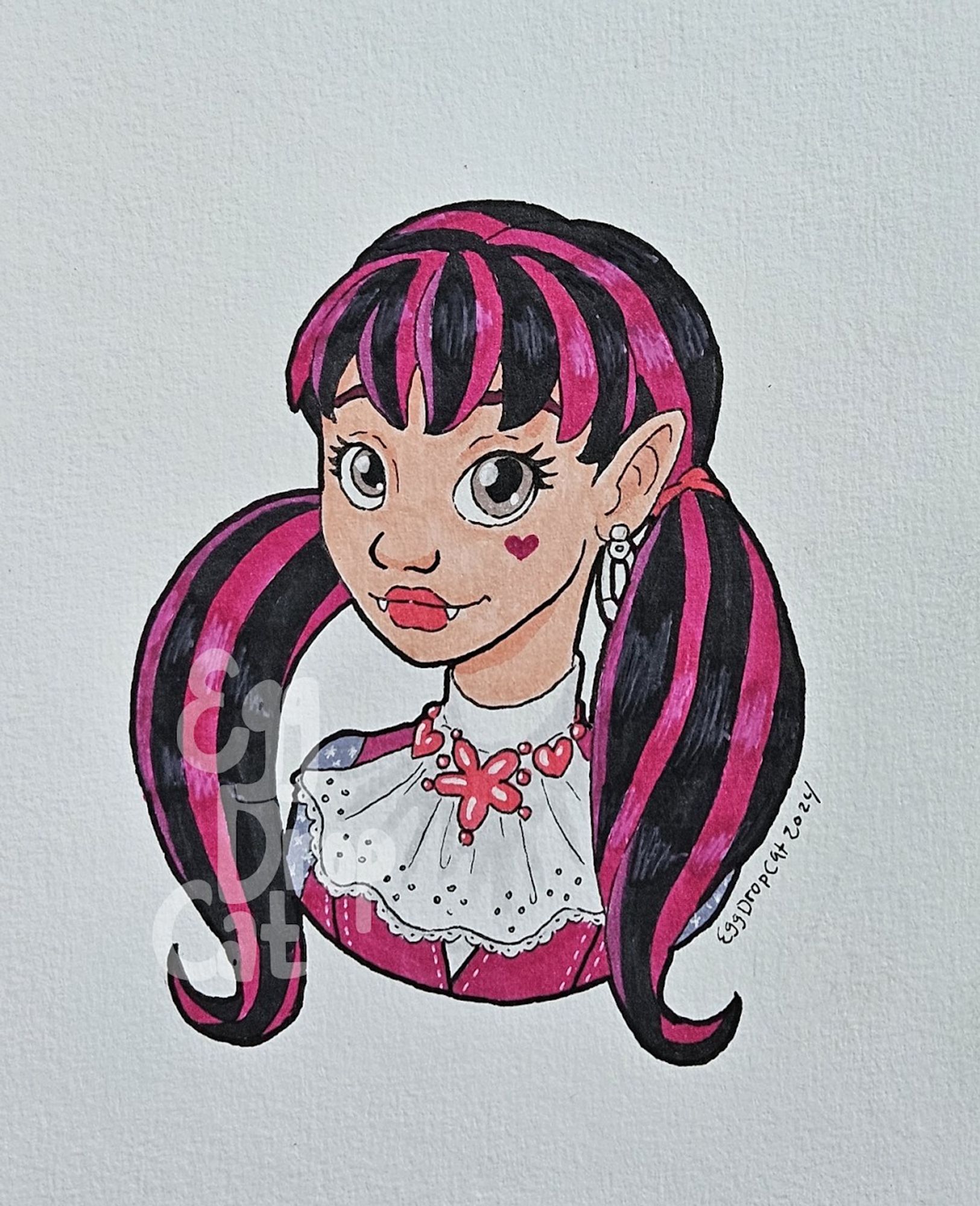 A bust marker drawing of G1 Draculaura from Monster High