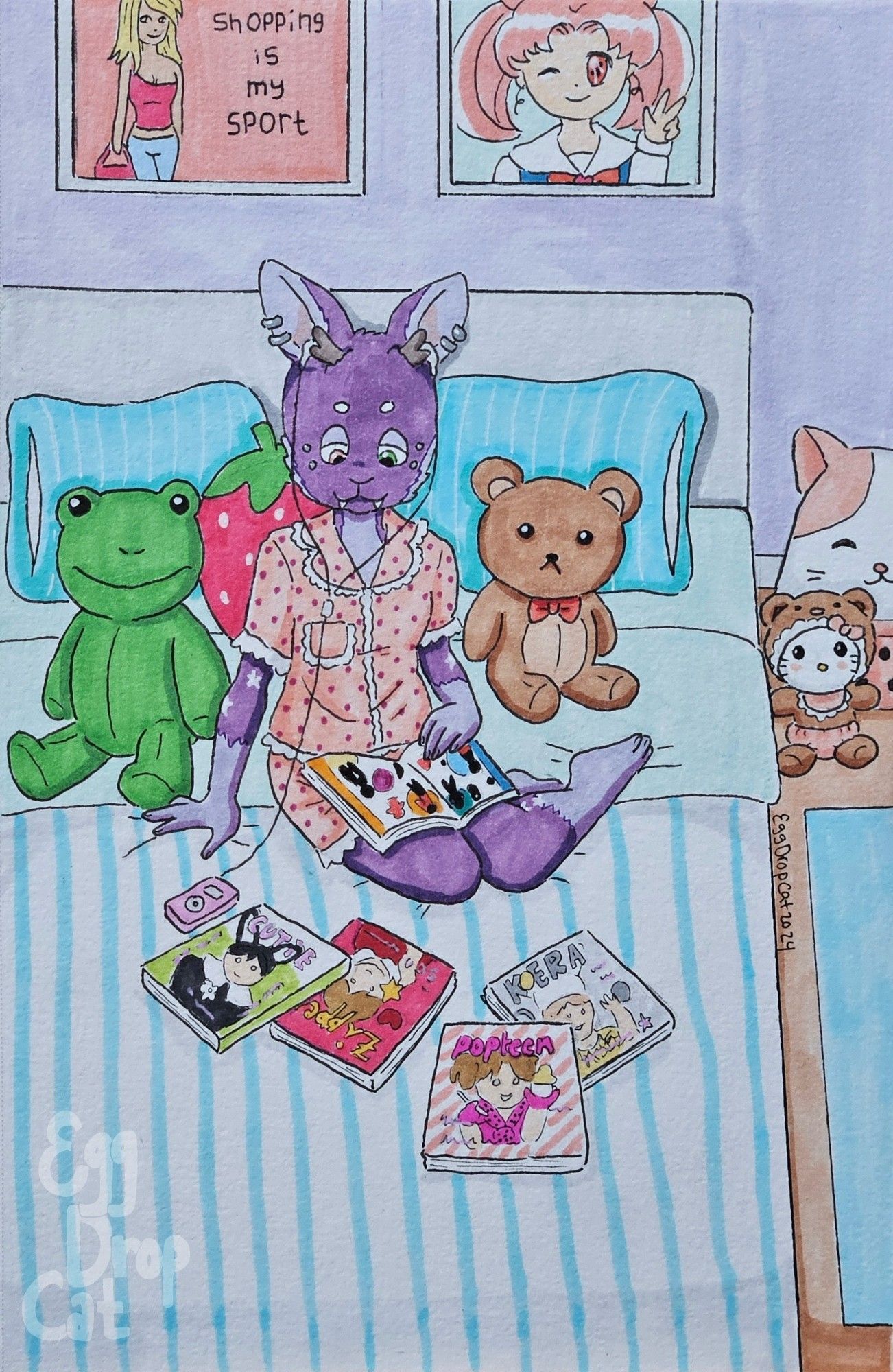 A marker drawing of a purple jackalope fursona in pink polka dotted PJs sitting on a bed, listening to music on an iPod, while reading Japanese fashion magazines.