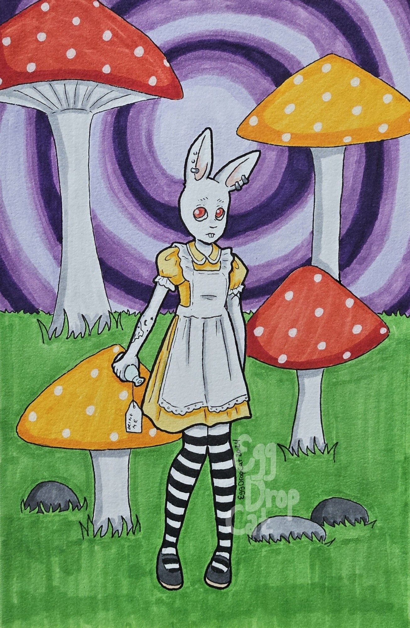 A marker drawing of an anthro albino rabbit dressed as Alice, standing amidst death cap mushrooms, holding a bottle that says "drink me"