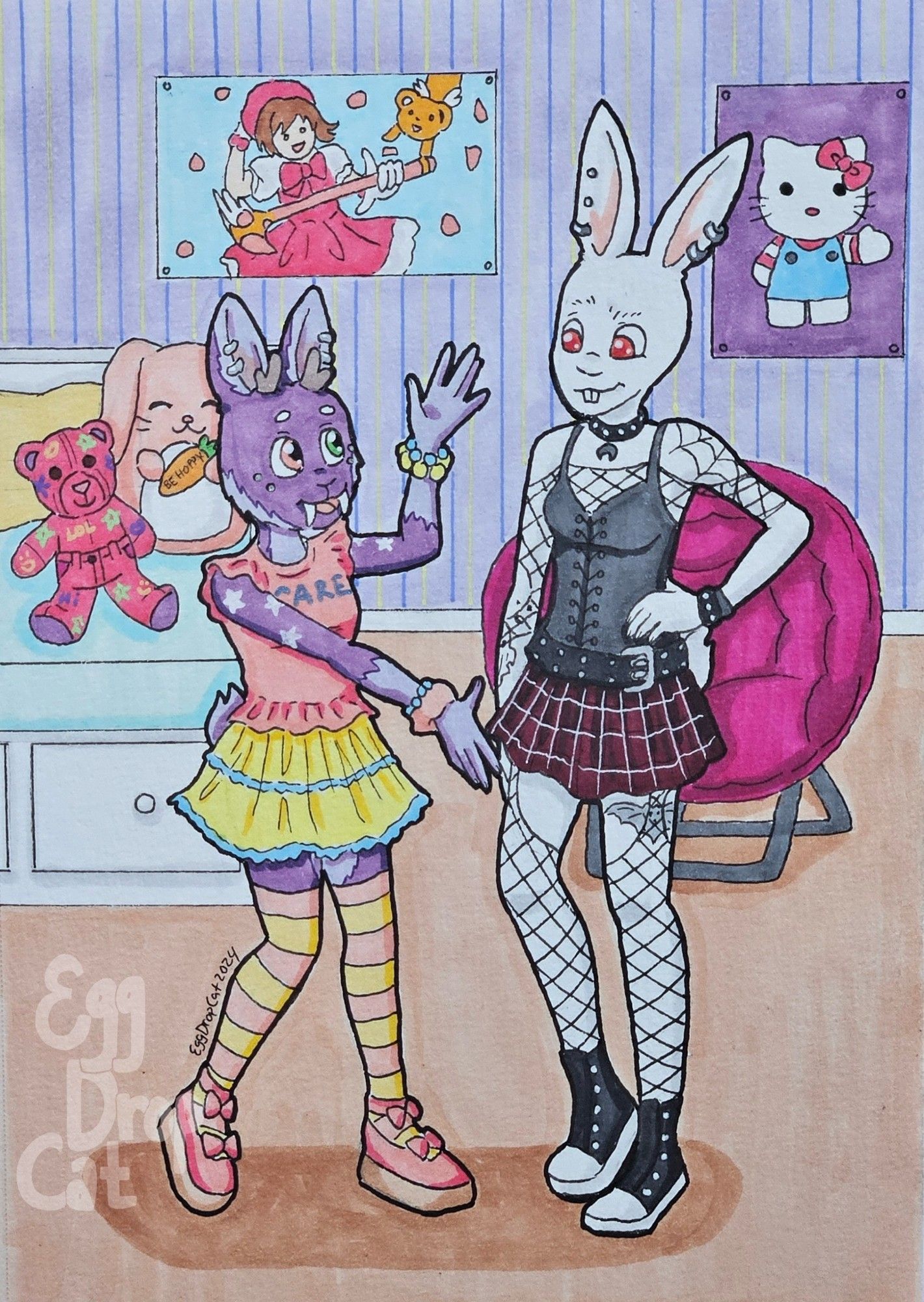 A marker drawing of a purple jackalope fursona dressed in fairy kei fashion making a "ta-da" pose towards a goth albino rabbit fursona