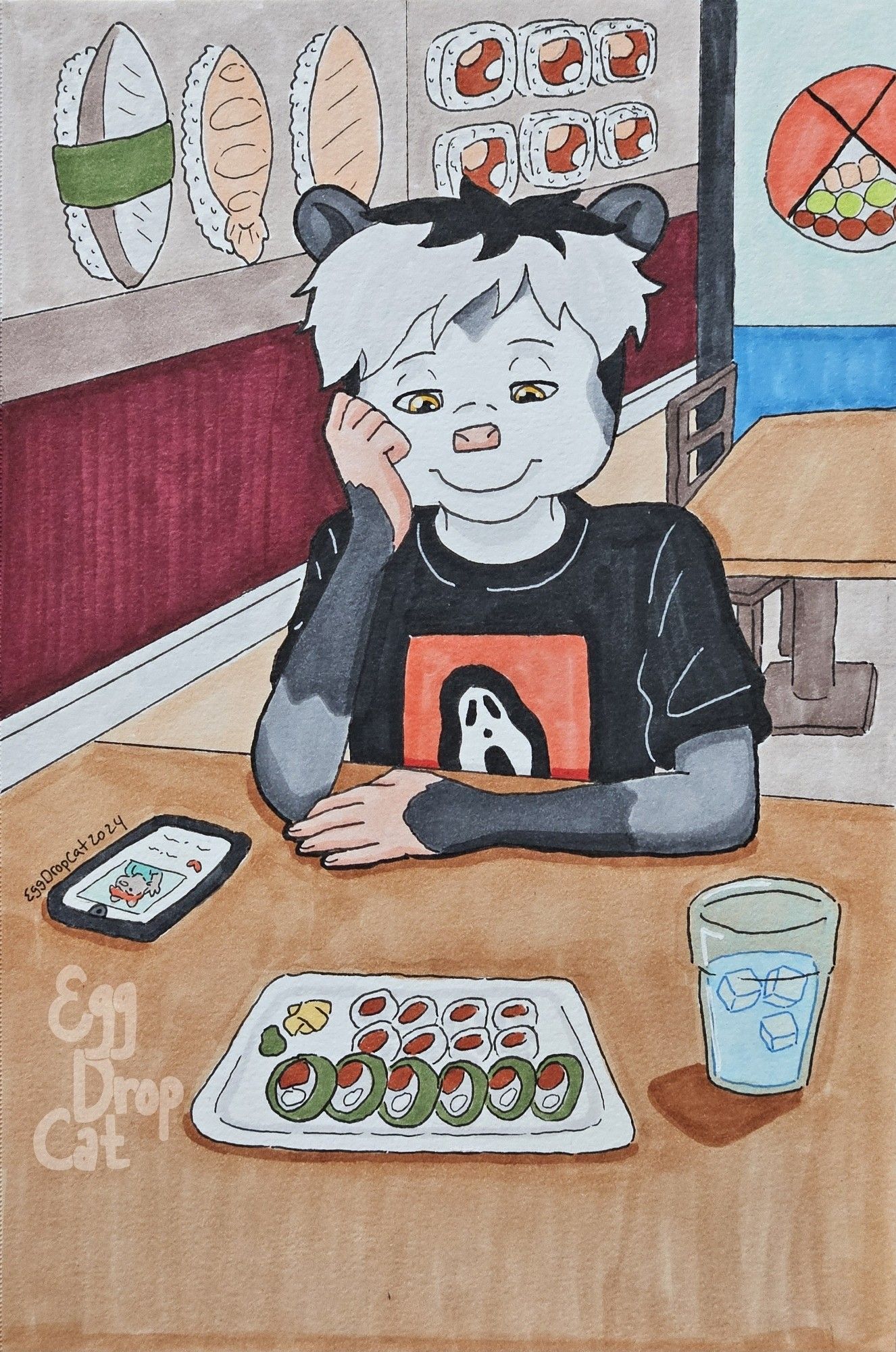 A marker drawing of an opossum fursona staring longingly at a plate of sushi