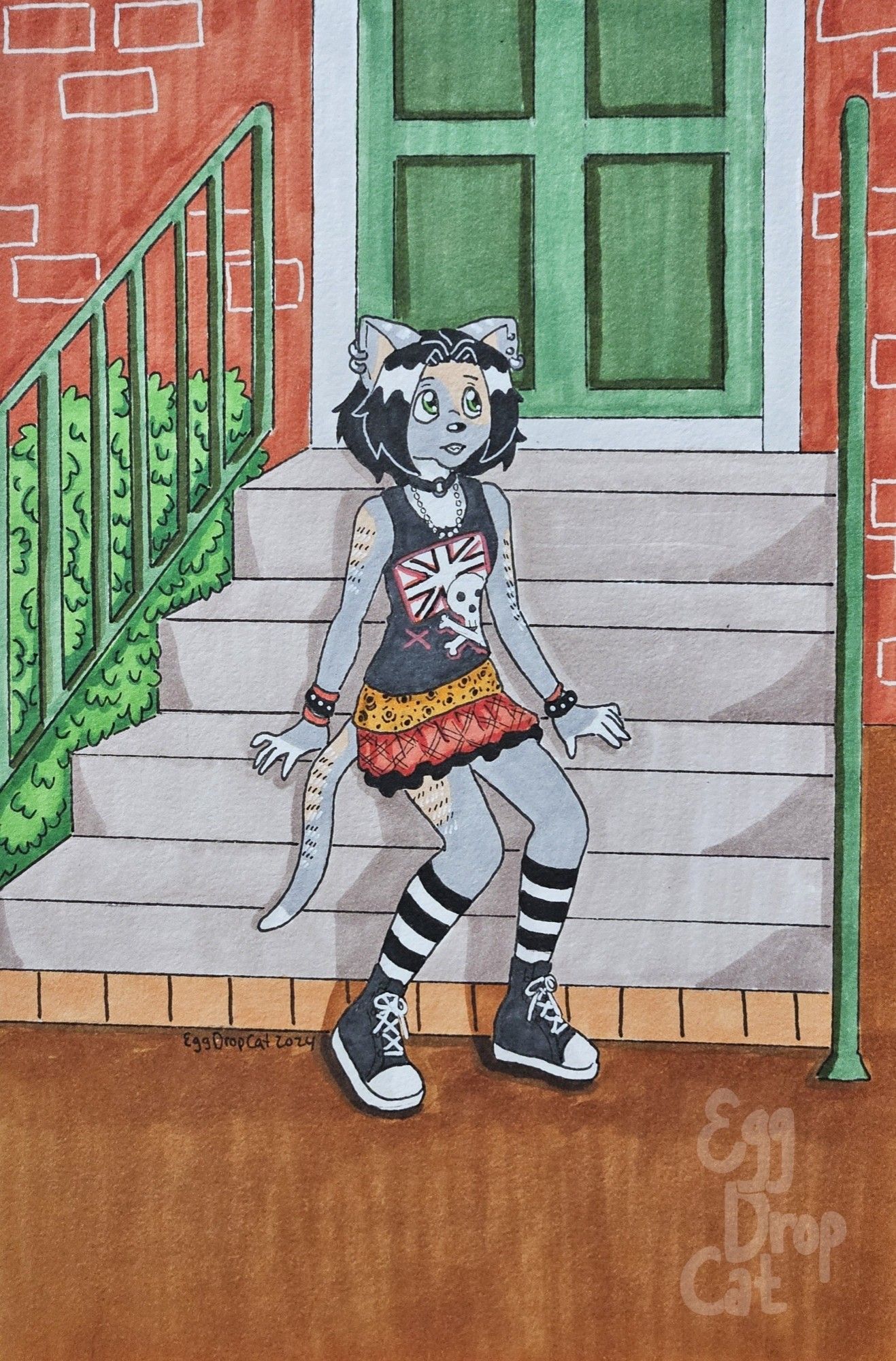 A marker drawing of a torbie cat fursona in an e-girl/punk outfit, sitting on the front steps of a residential building