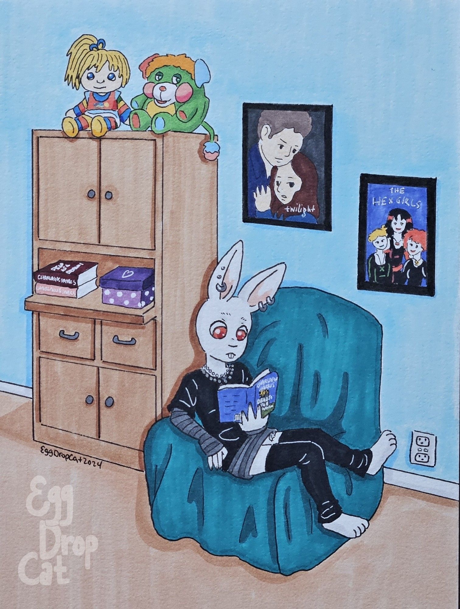 A marker drawing of an albino rabbit fursona relaxing sideways in a recliner, reading a book