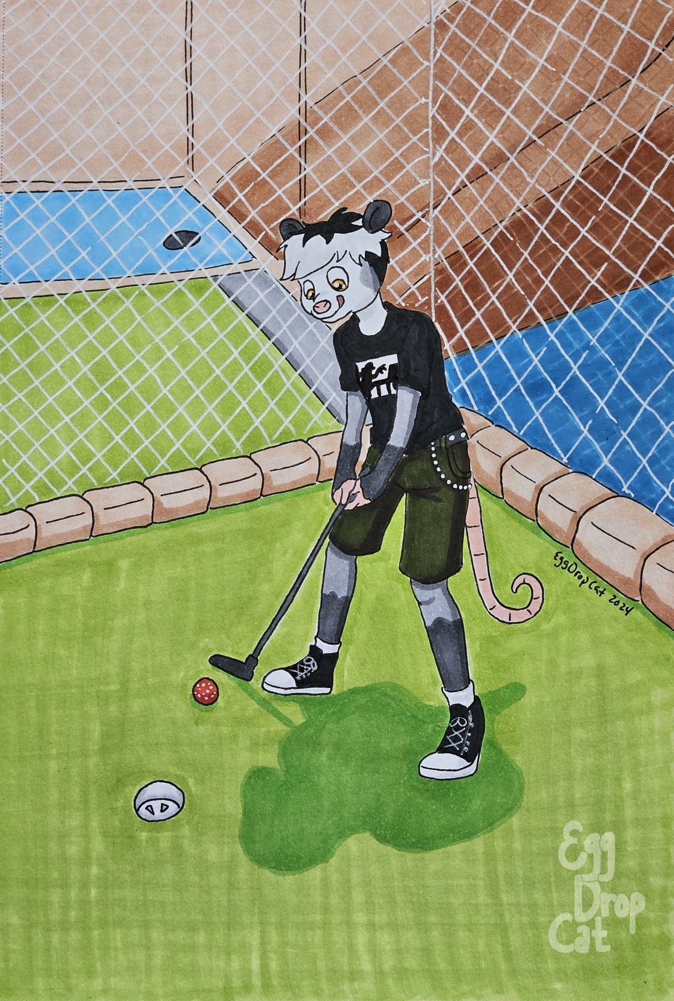 A marker drawing of an opossum fursona playing mini golf