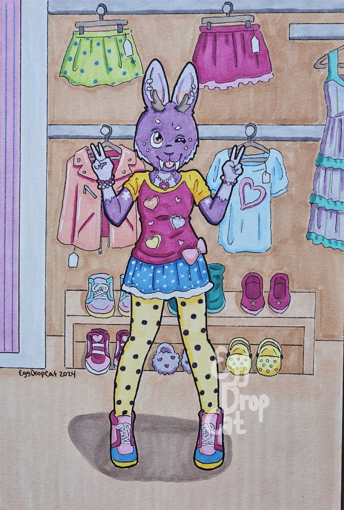 A purple jackalope fursona wearing fairy kei fashion, standing in front of a j-fashion shop display