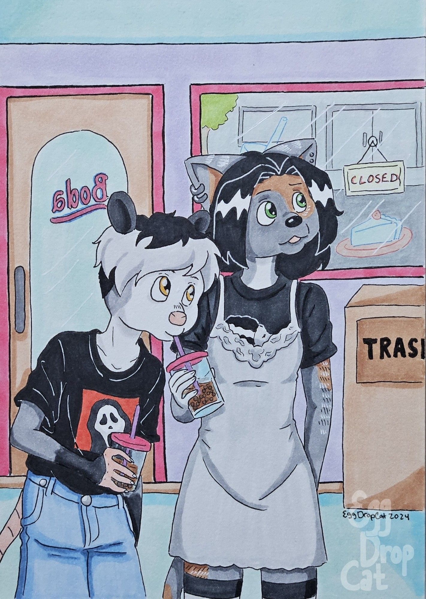 Two fursonas in a pastel boba shop wearing dark alternative fashion styles that clash with their kawaii environment. An opossum stealing a sip of their torbie devon rex cat girlfriend's boba while she's not looking.