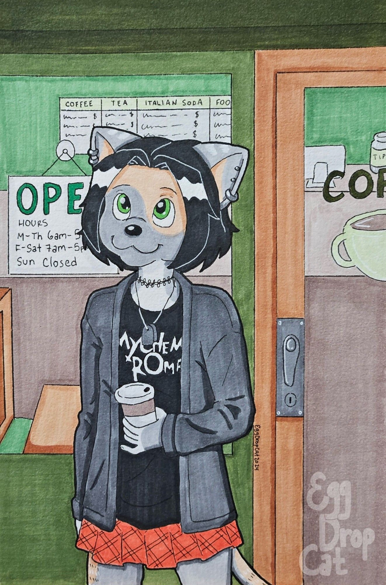 A marker drawing of a grey torbie cat fursona standing outside a coffee shop, holding a to-go cup of coffee