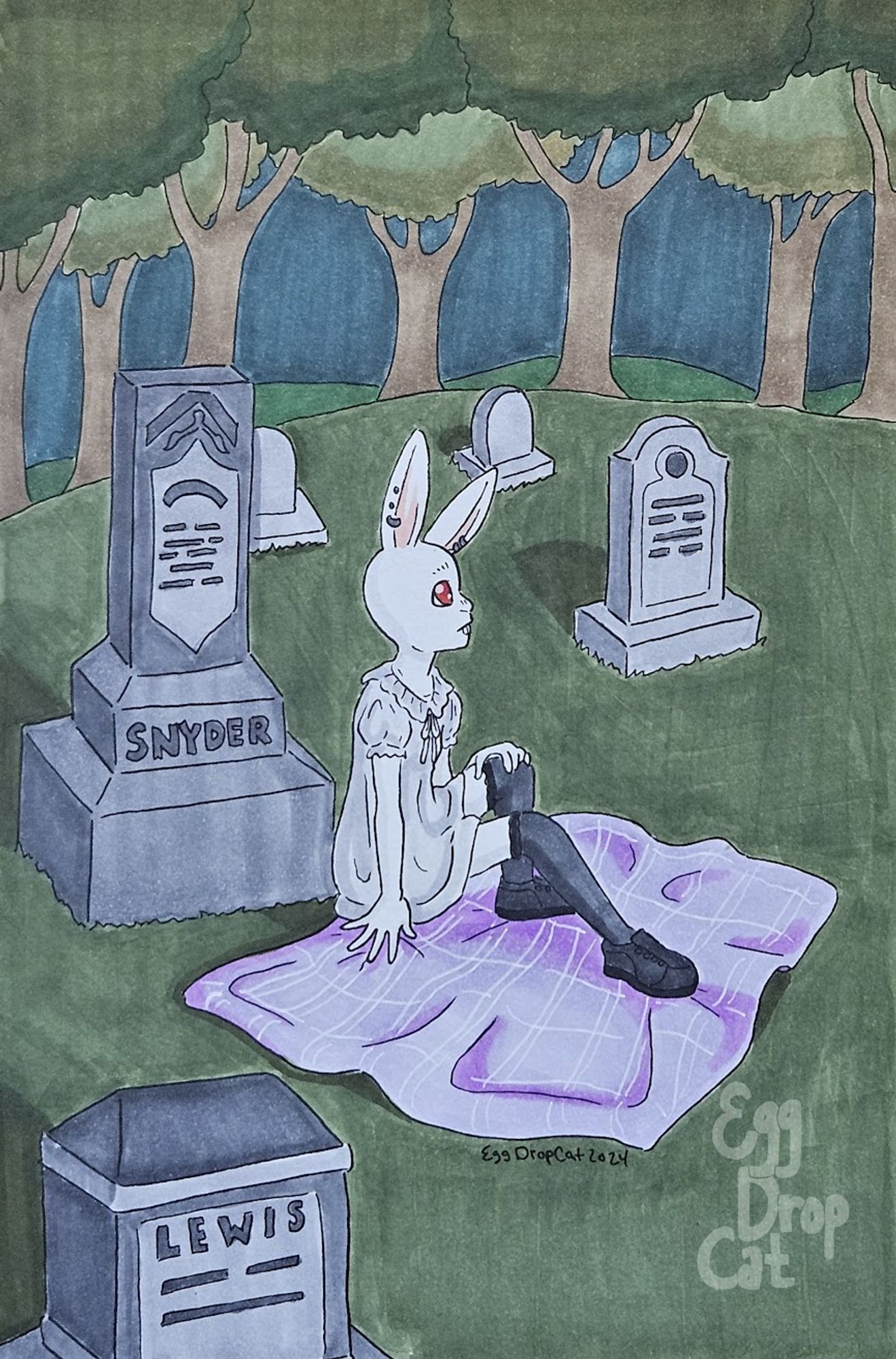 A marker drawing of an albino rabbit fursona sitting on a blanket in the middle of a cemetery with a wooded area in the background.