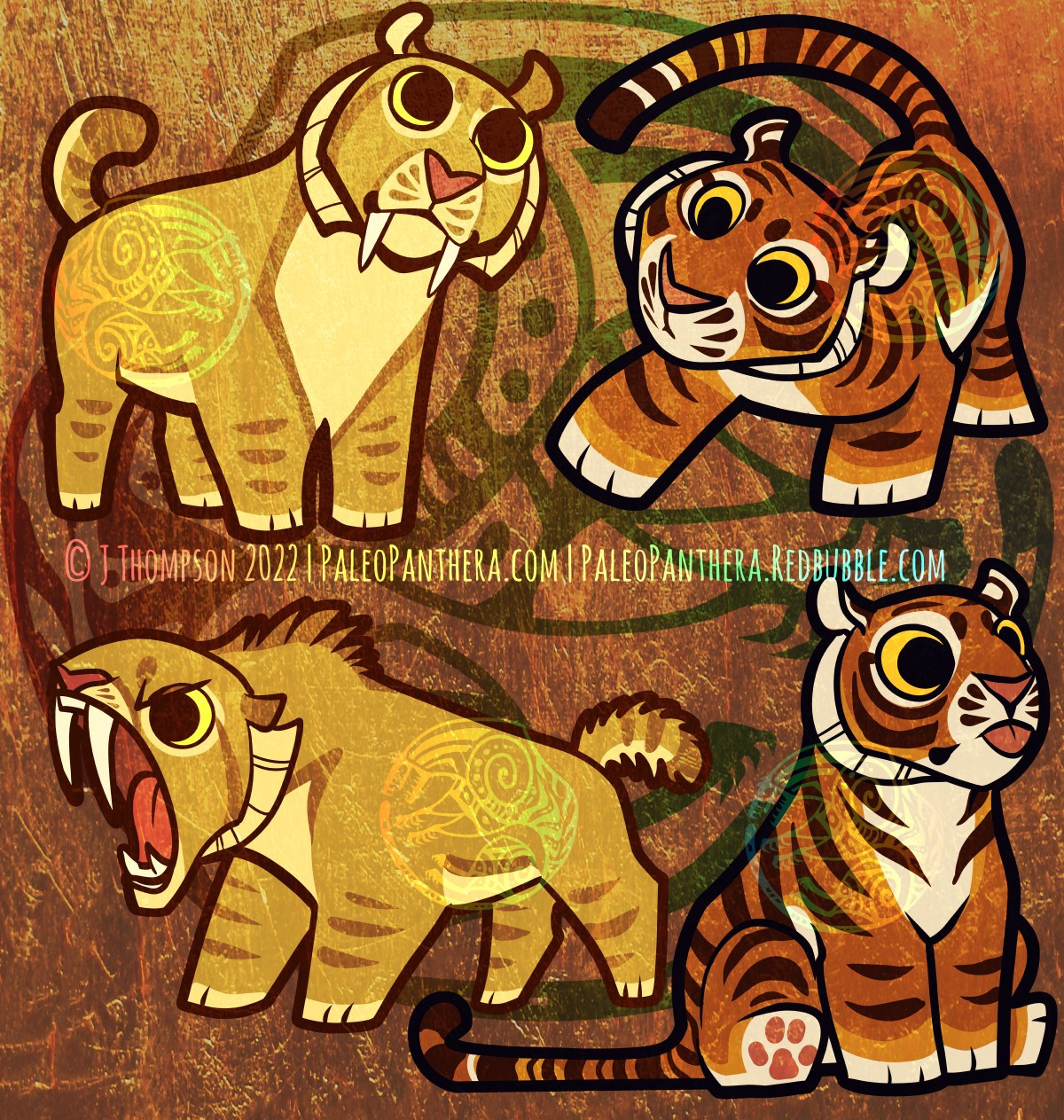 A set of two Smilodon and two tiger sticker designs. There's a standing Smilodon, a fierce roaring Smilodon, an adorable blepping/sitting tiger, and a curious tiger touching something gingerly with its paw.