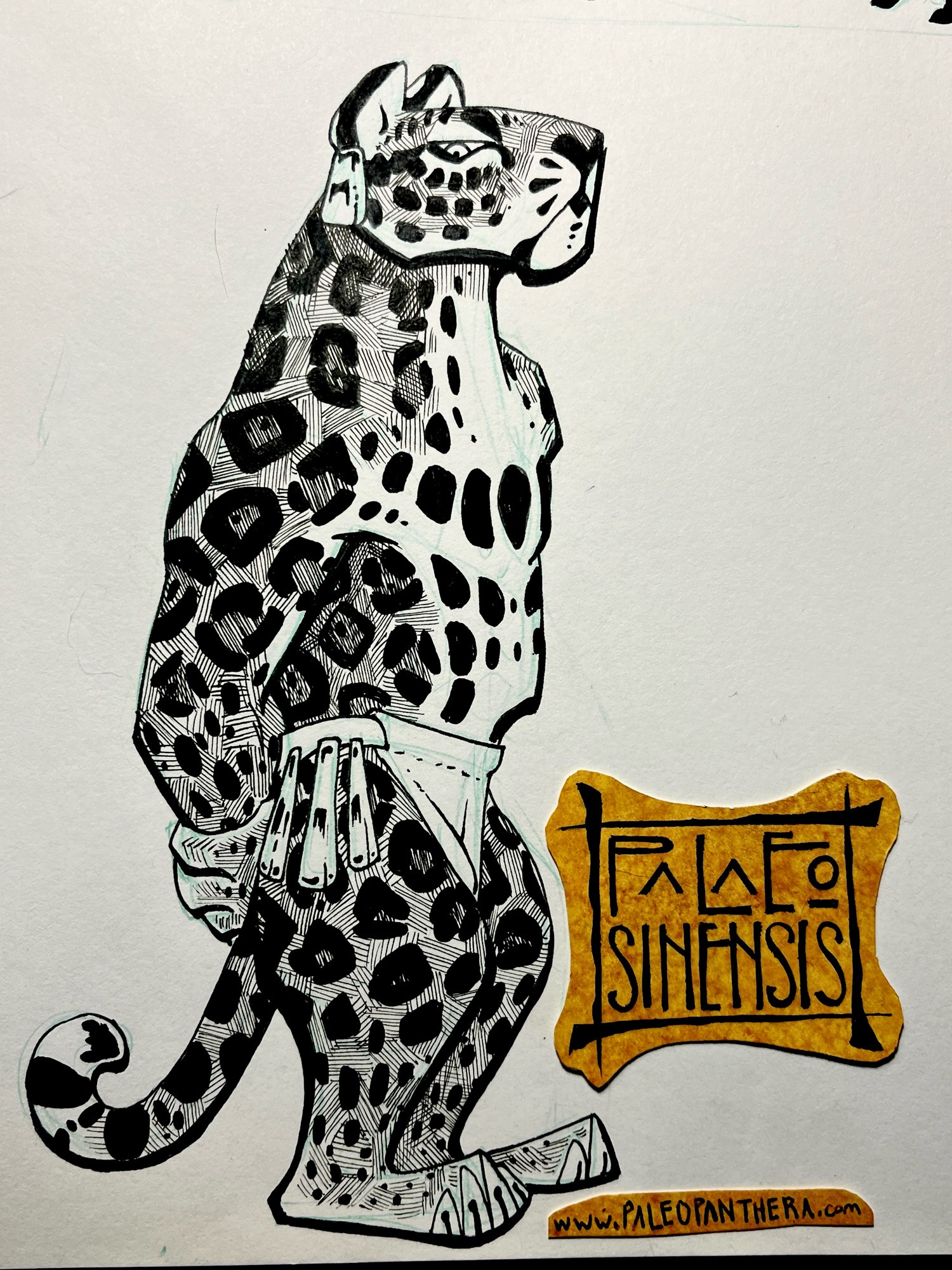 An anthropomorphic jaguar drawn in pen. They are heavily stylized and somewhat boxy with pen hatch shading.